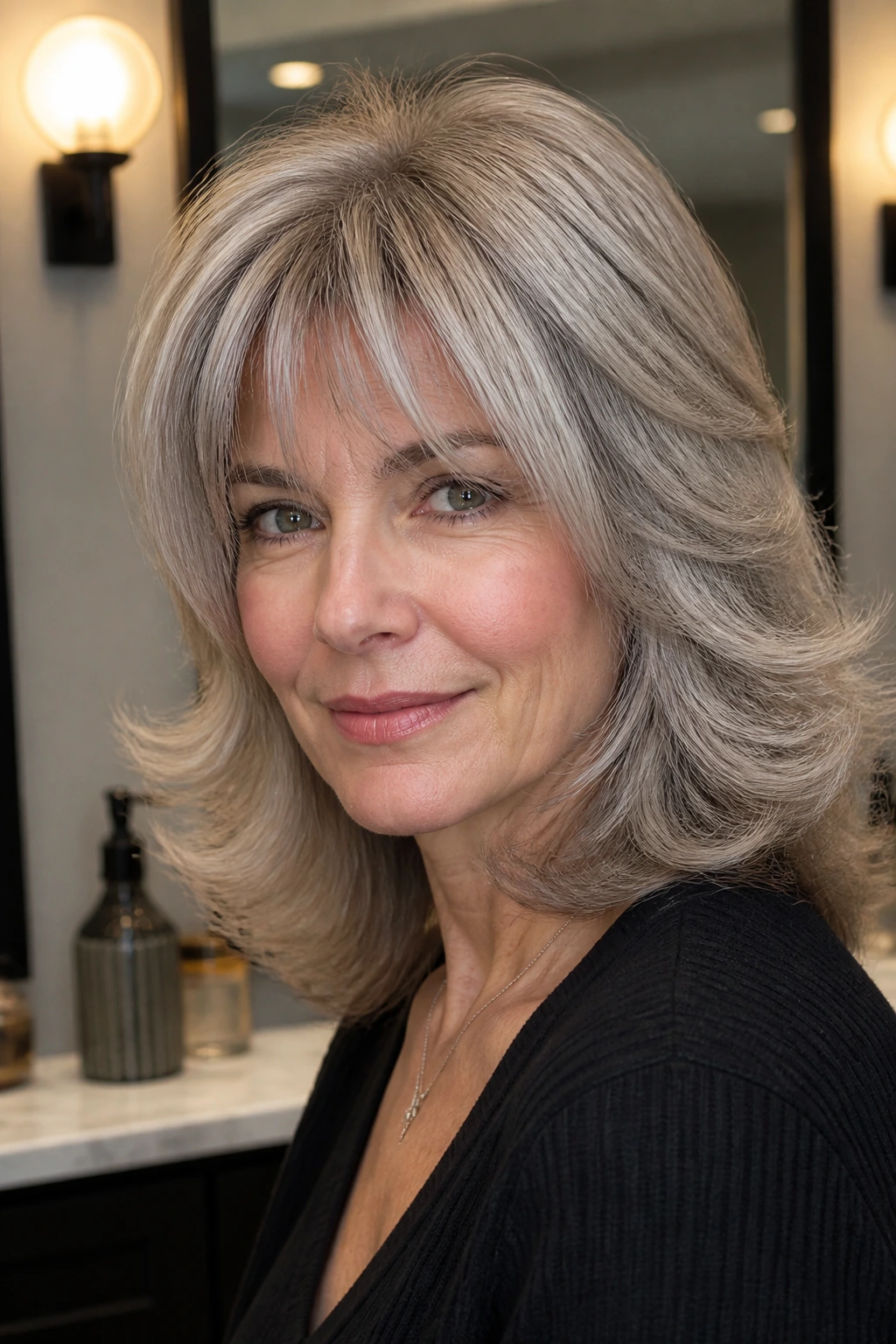 Real woman with round-brush blowout shag featuring flipped ends.