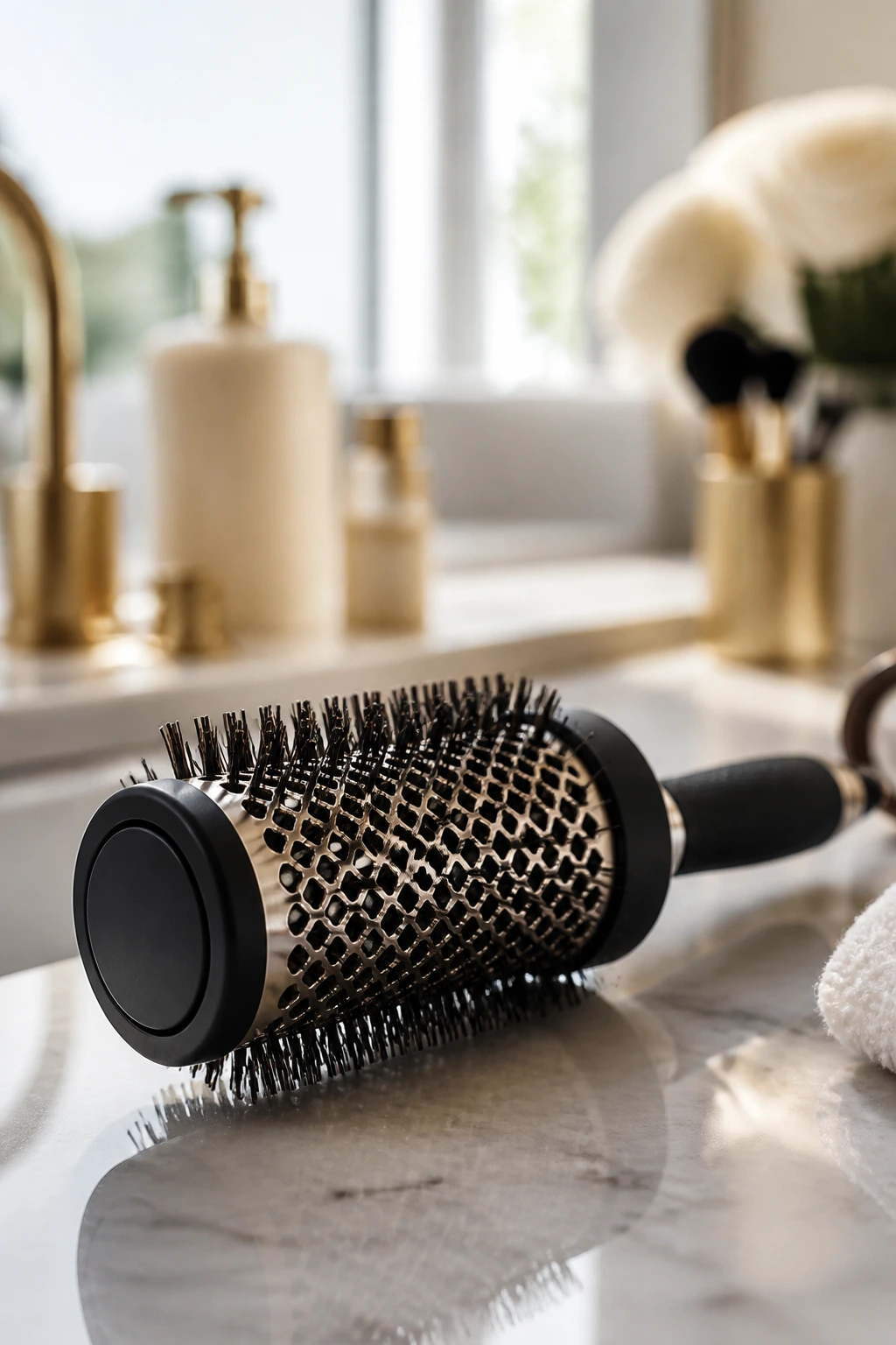 Close-up of round brush on a vanity in a bathroom setting