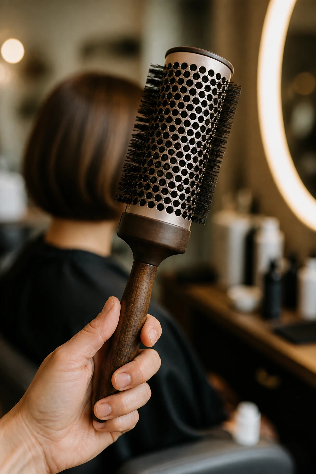 Close-up of a round brush at a salon station