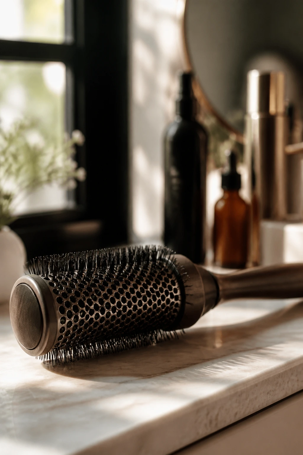 Close-up round brush on vanity with natural light