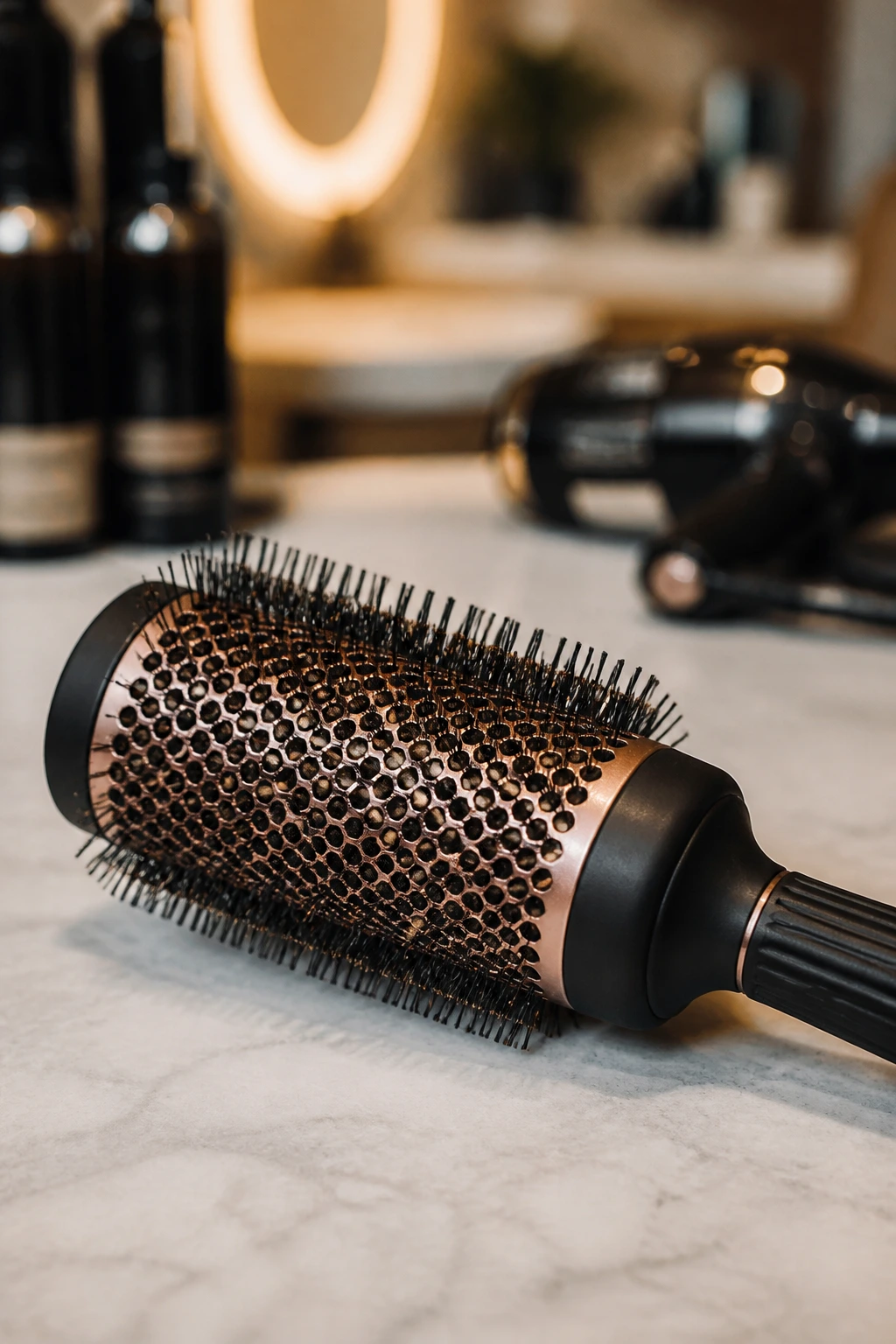 Close-up of a round brush used for thick bob styling in a salon.