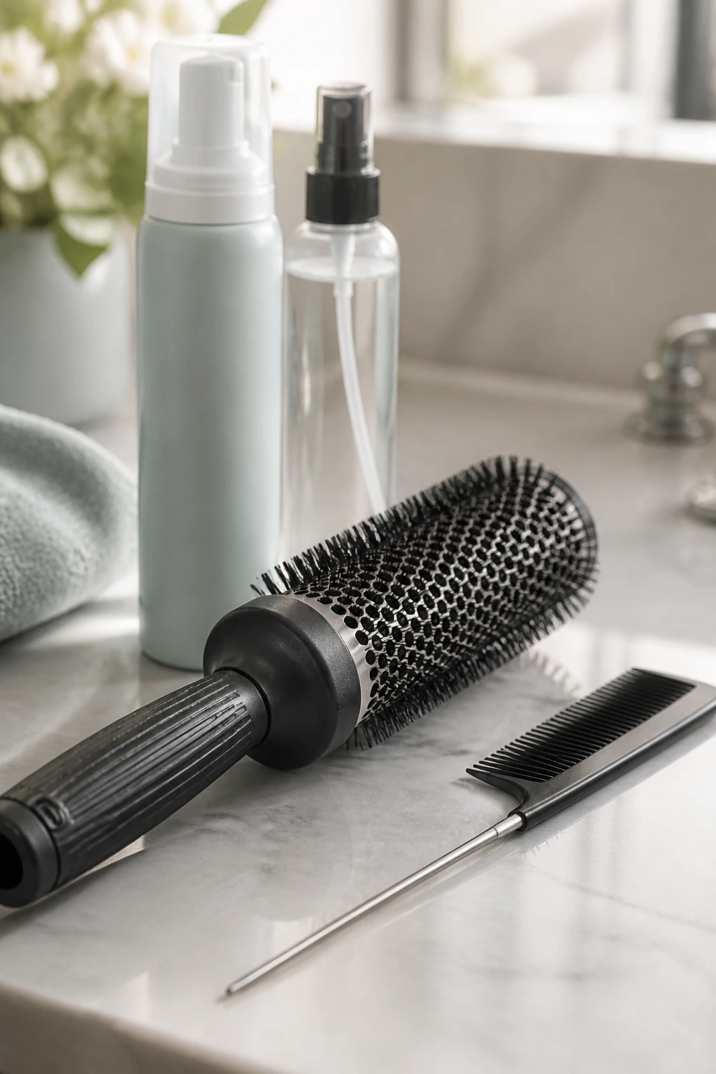 Close-up still life showing essential hair styling tools and products on a bathroom counter