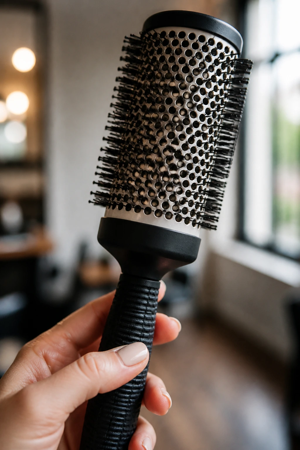 Close-up of a round brush in a salon setting