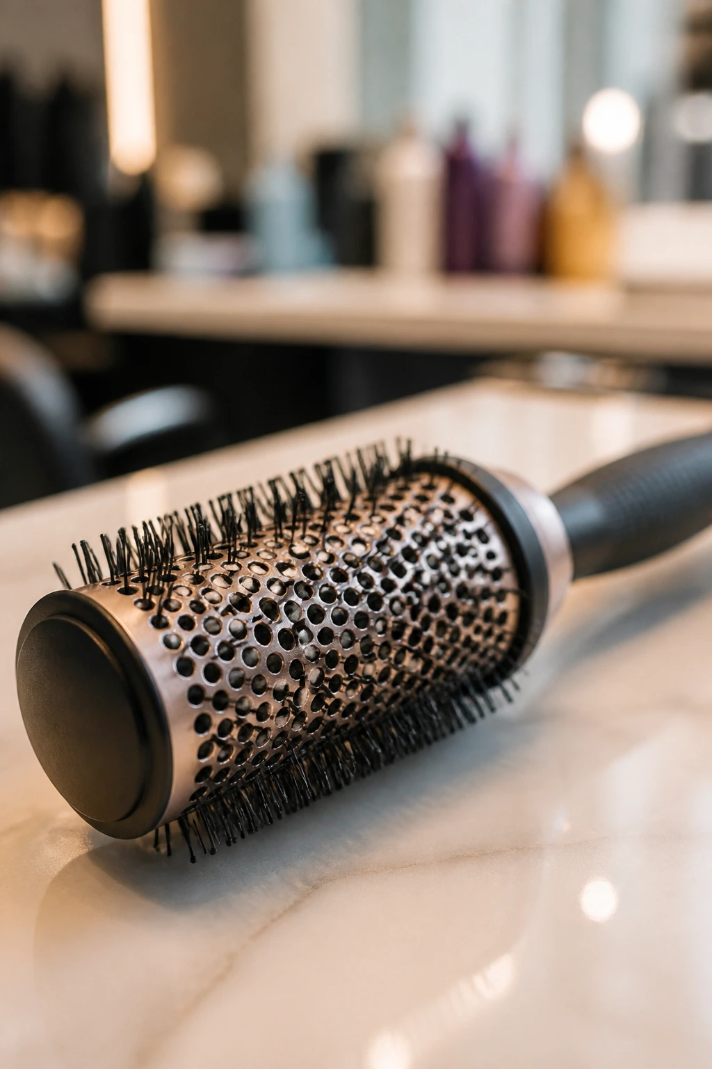 Close-up of a plain round brush in a salon setting