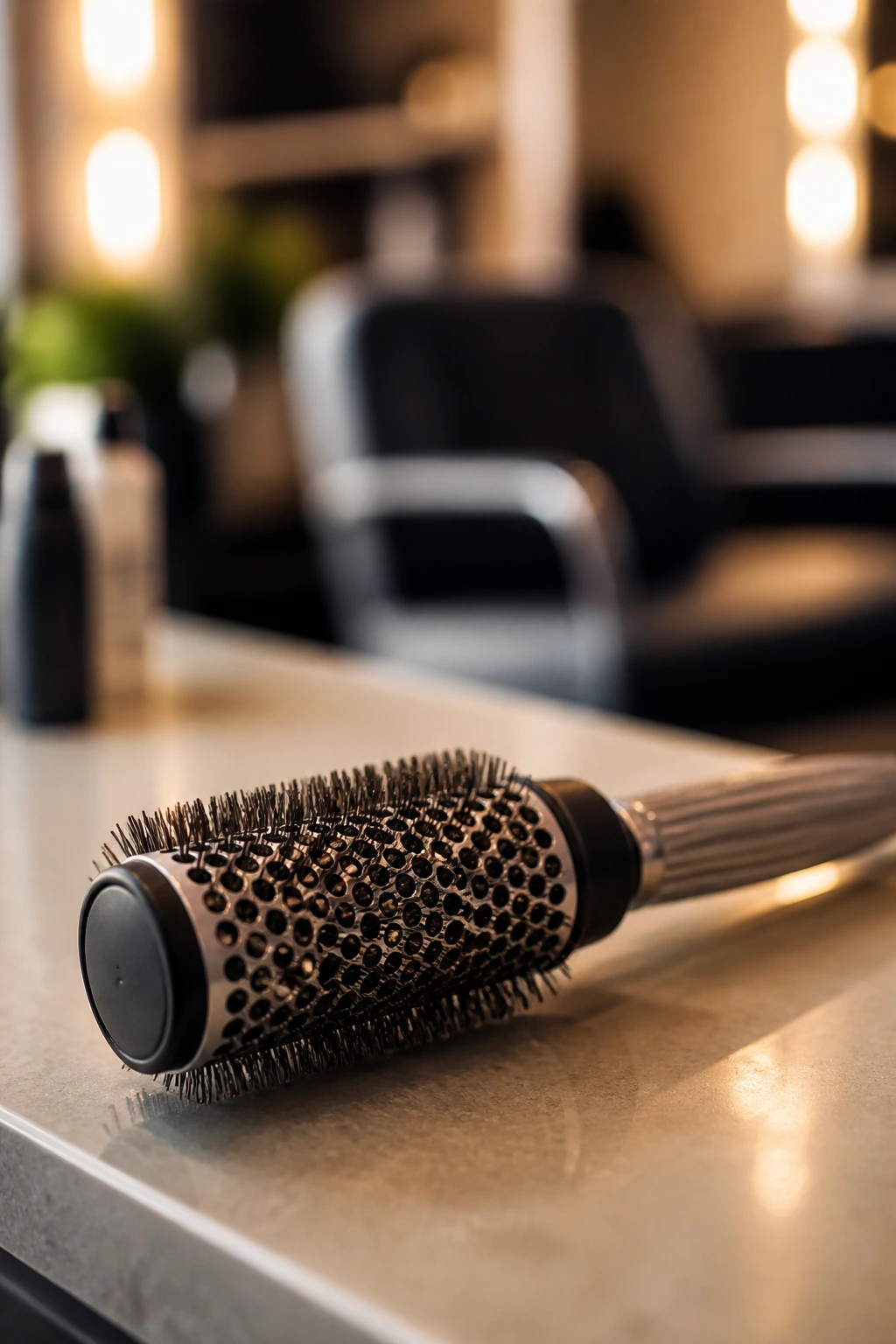 Close-up of a round hair brush on a salon counter