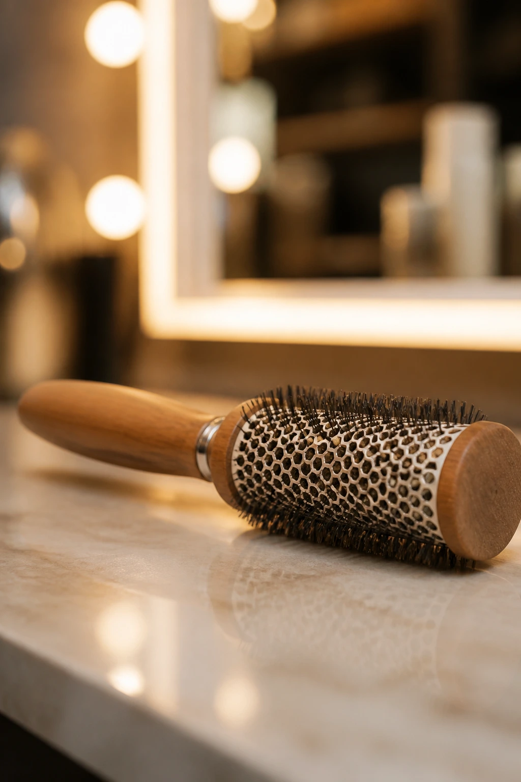 Round brush close-up for face-framing long cuts