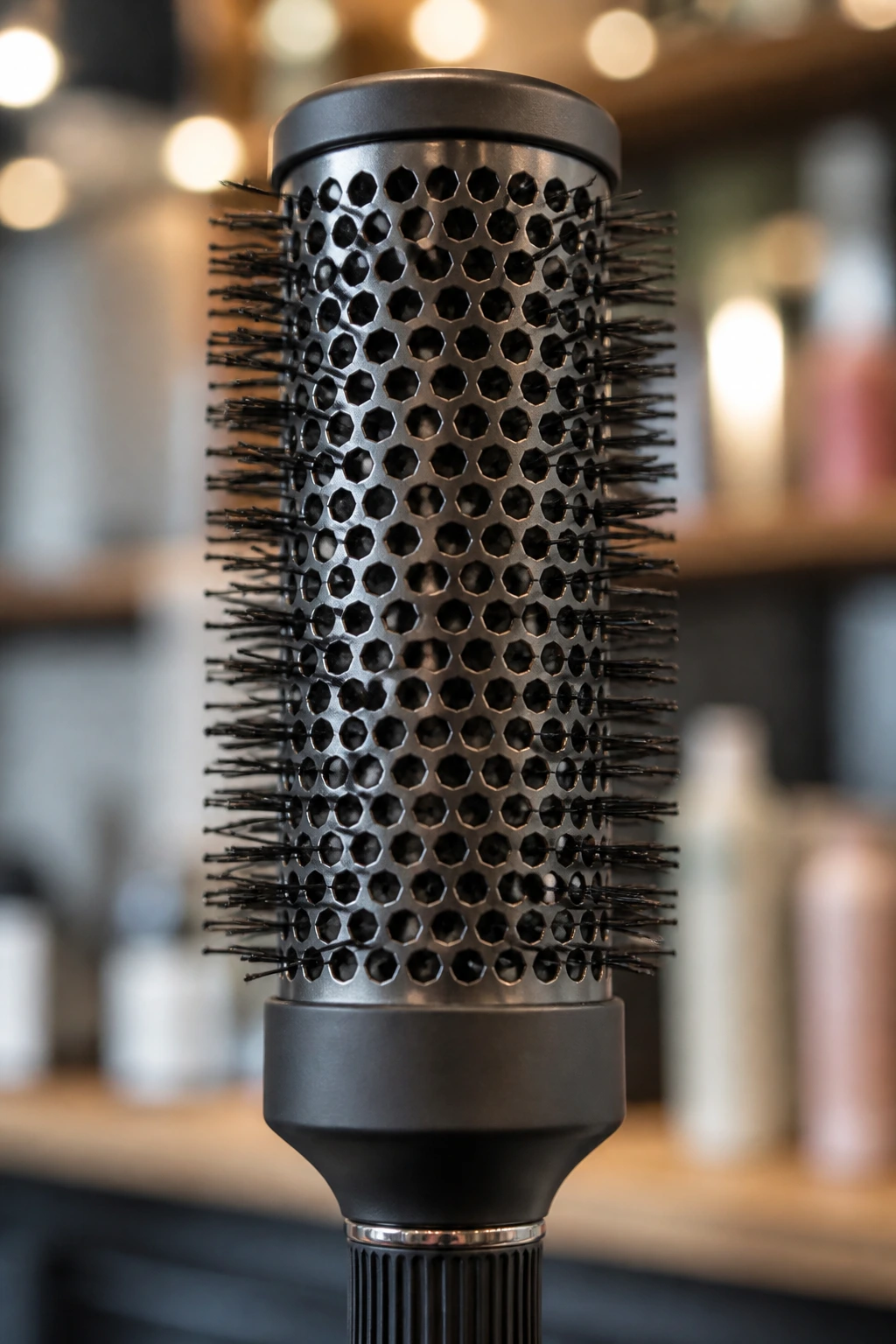 Macro shot of a round brush used for hair styling in a salon