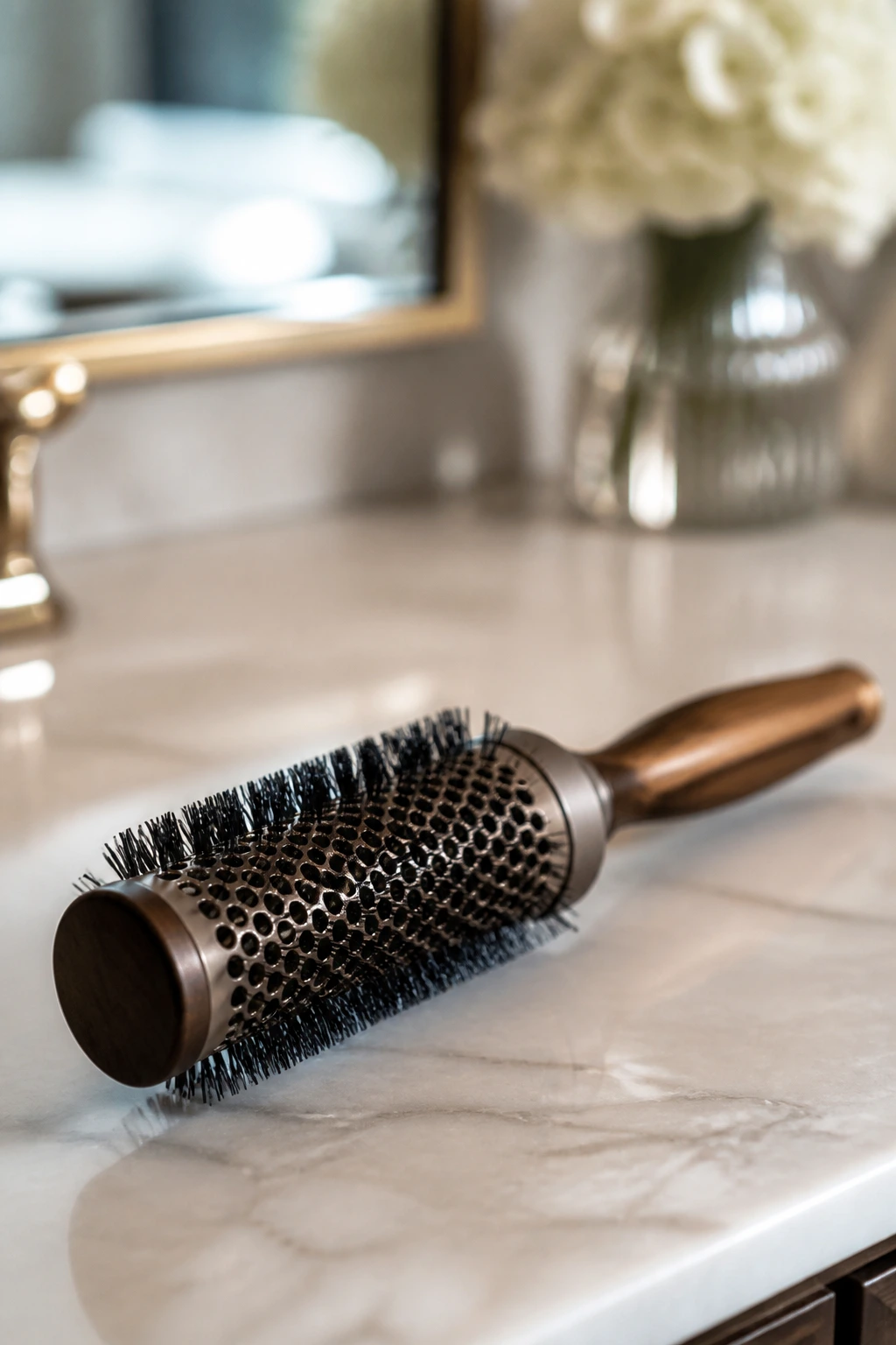 Close-up of a round hair brush on a vanity, representing essential hair styling tools.