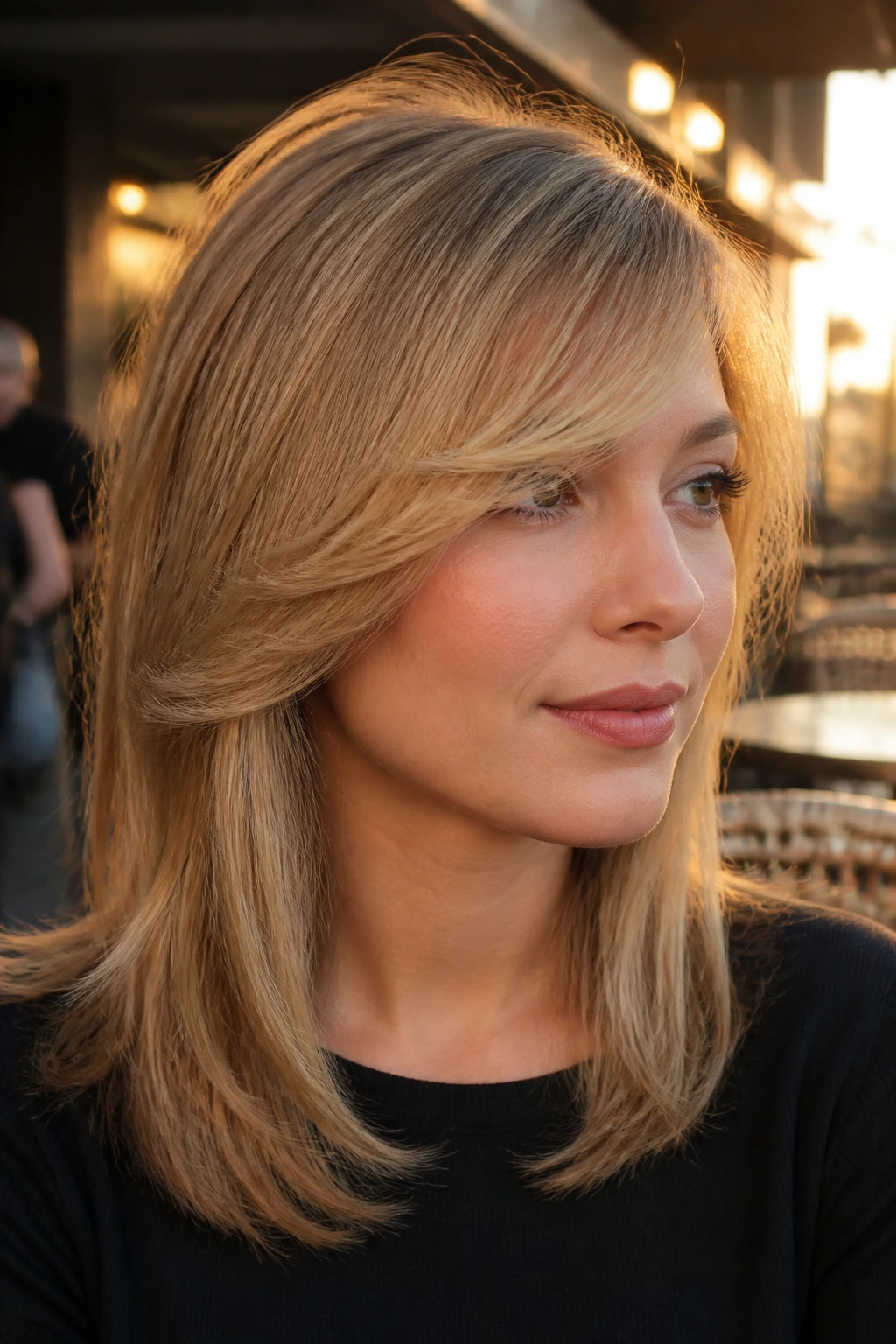 Close-up of a person with round-brushed fringe in golden hour light