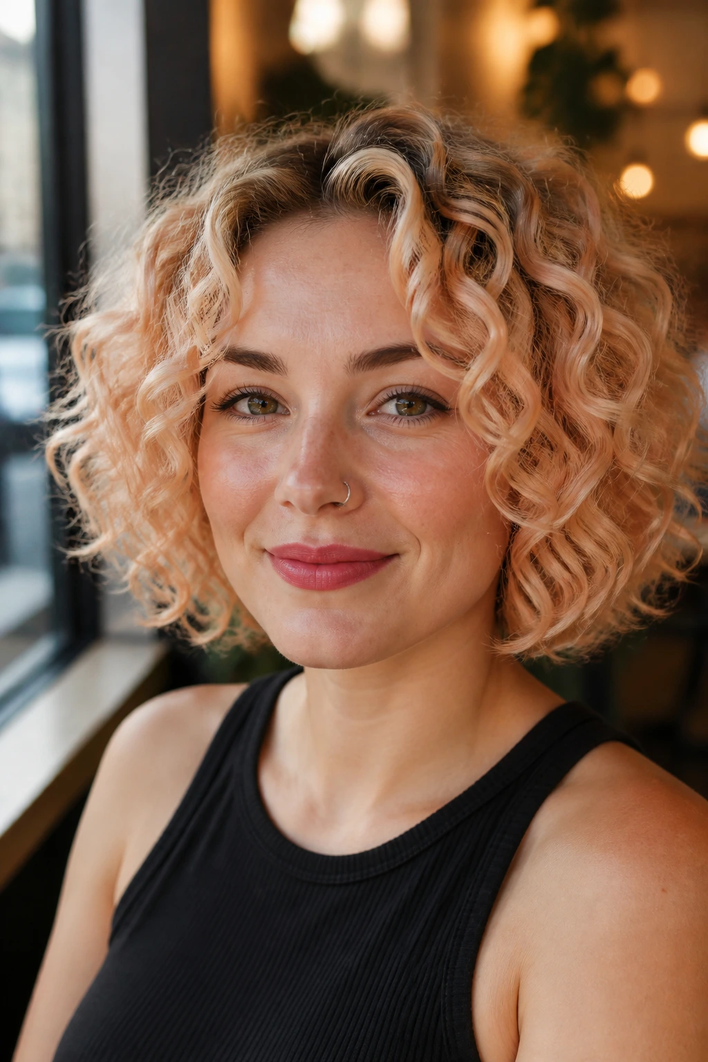 Close-up of a real woman's round curly bob with peach blonde frame around the face