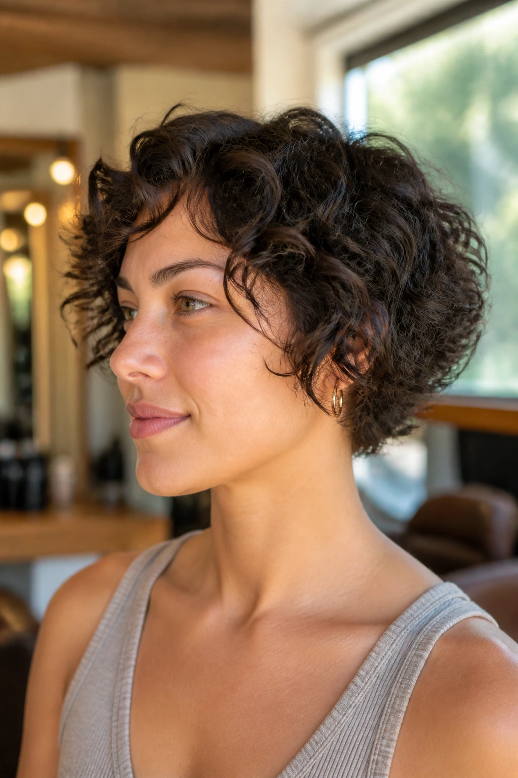 Real person with a round curly cut silhouette in a sunlit salon.