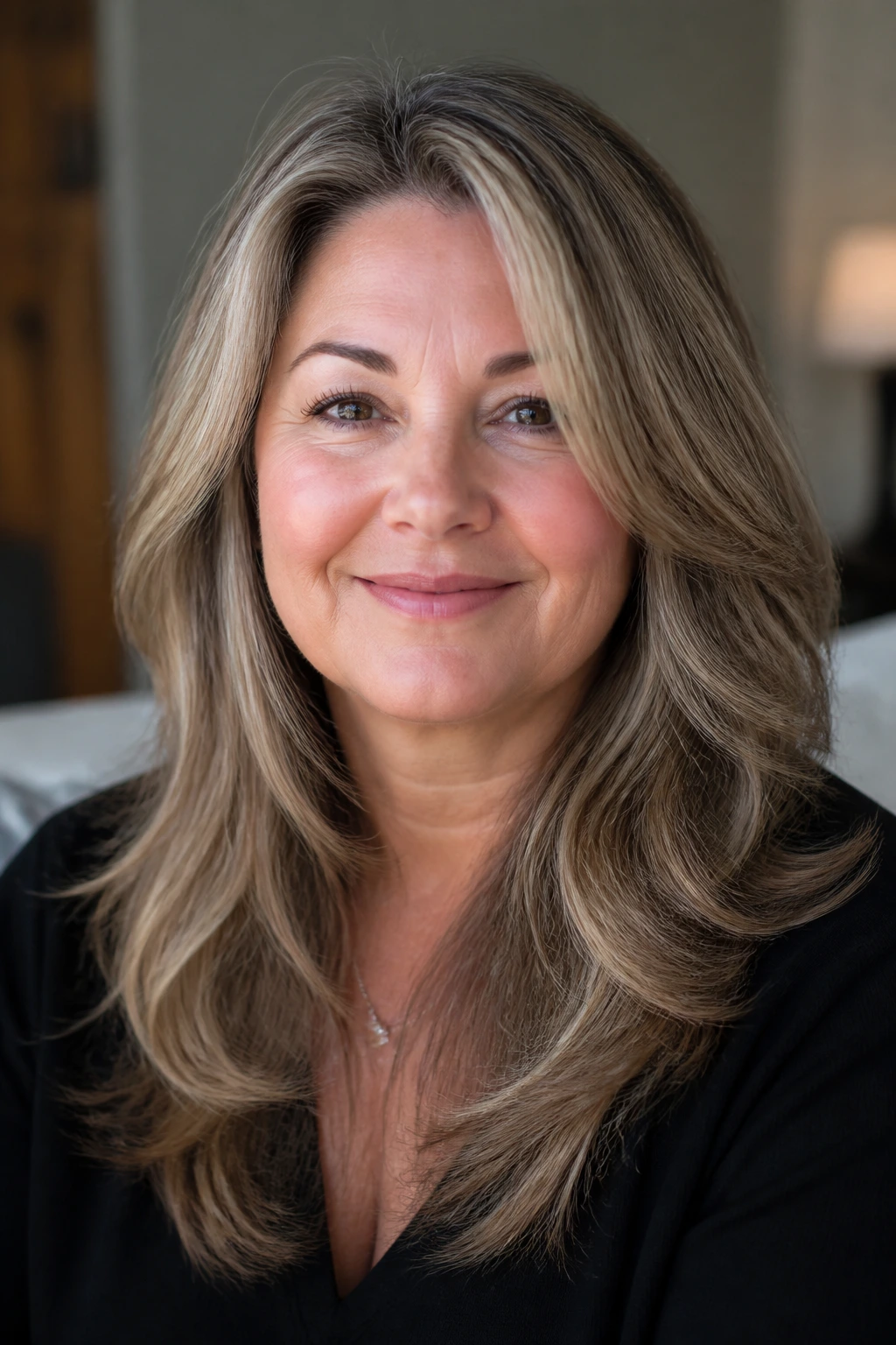 Close-up portrait of a real woman with round-face balance layers and a soft wave away from cheeks