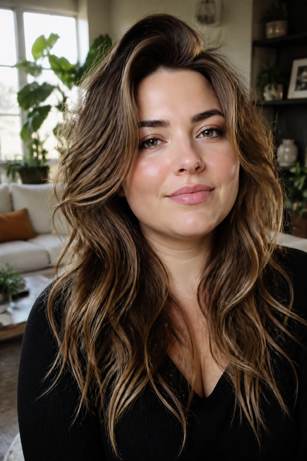 Portrait of a real woman with long waves balanced for a round face in a sunlit living room.