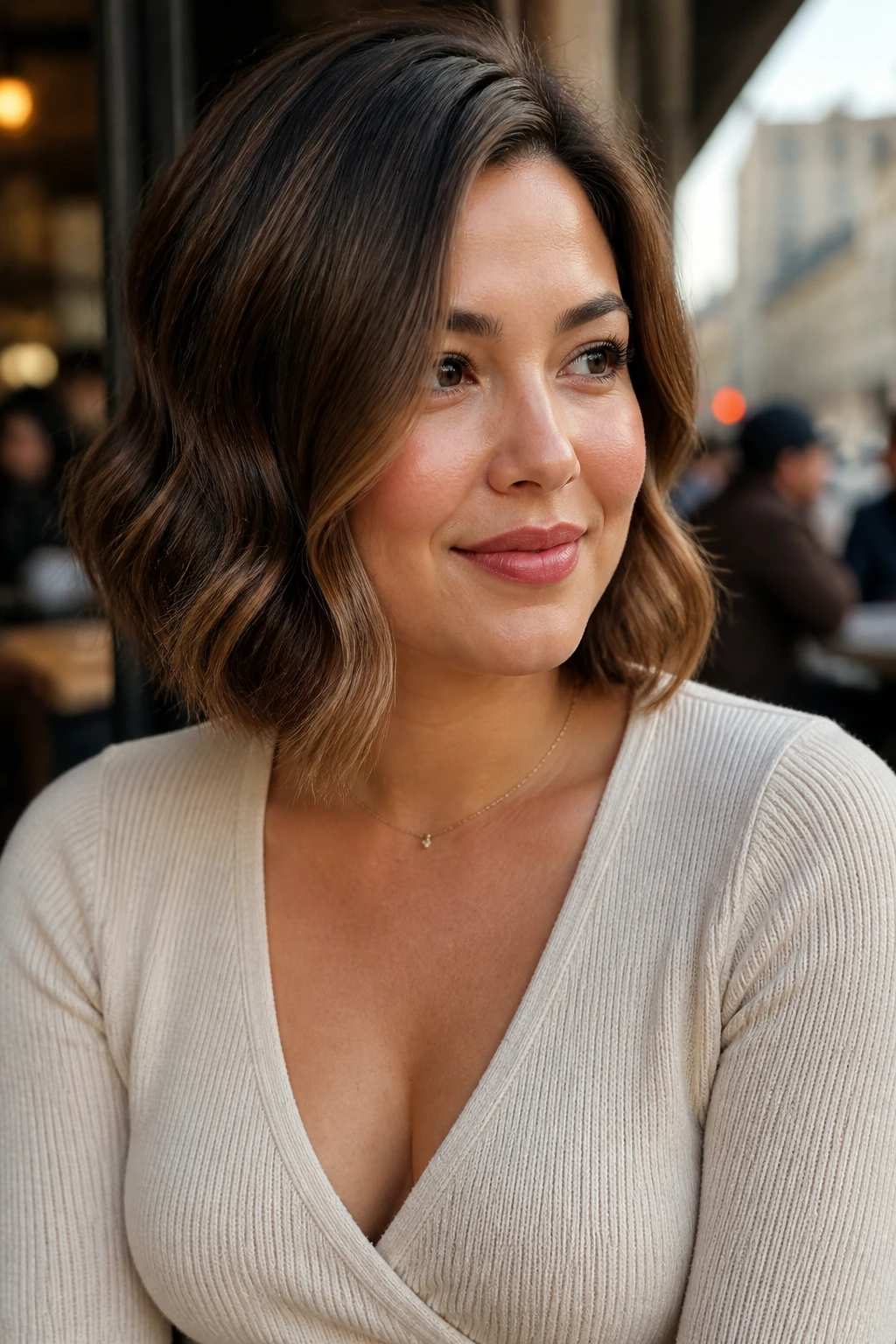 Portrait of a real woman with a round-face balancing bob and off-center part