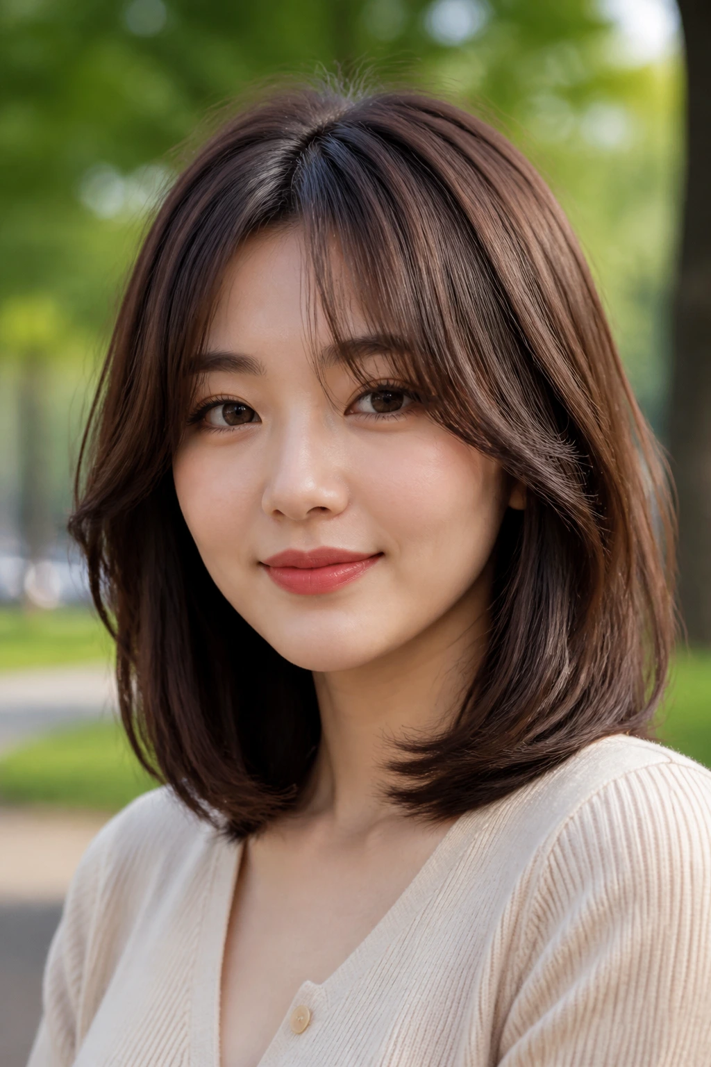 Real woman with a round-face balancing bob in a park setting.