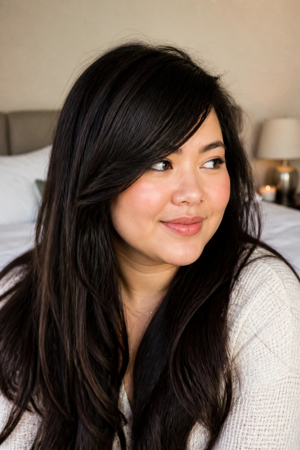 Close-up of a real woman with Round-Face Diagonal Sweep fringe in natural window light
