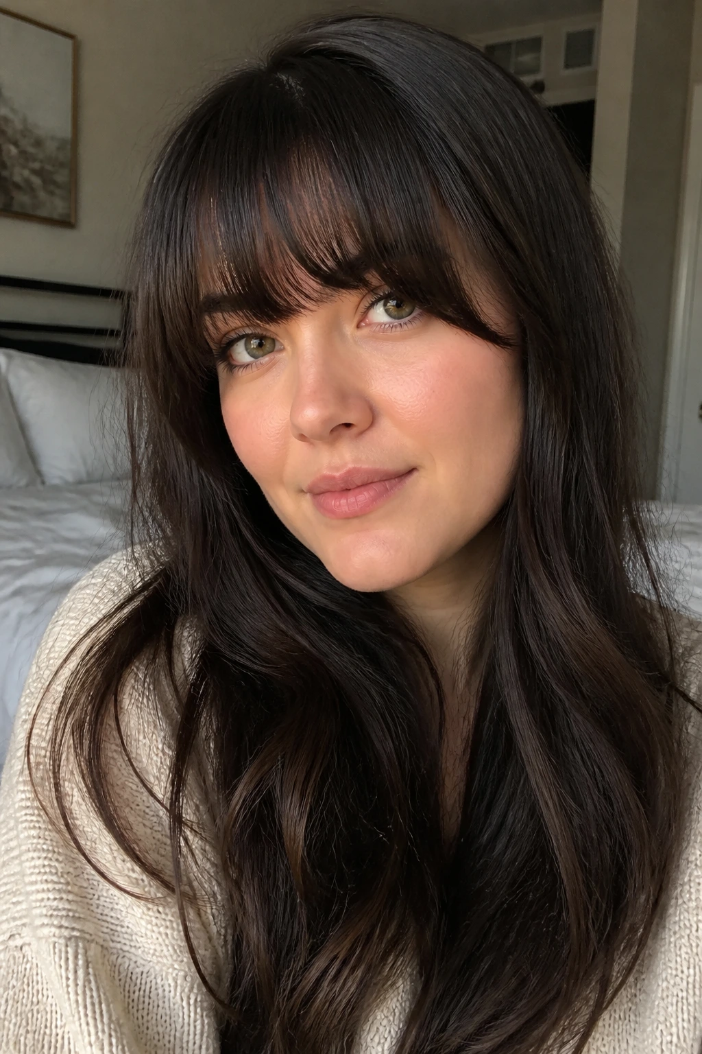 Close-up portrait of a real woman with chunky bangs on a round face in natural window light