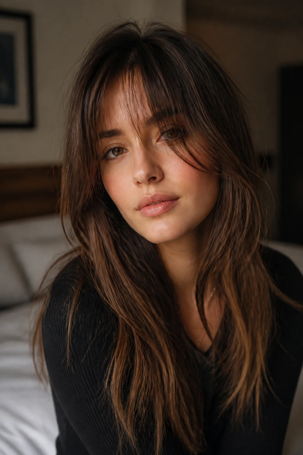 Close-up of a real woman with wispy bangs elongating a round face in warm window light