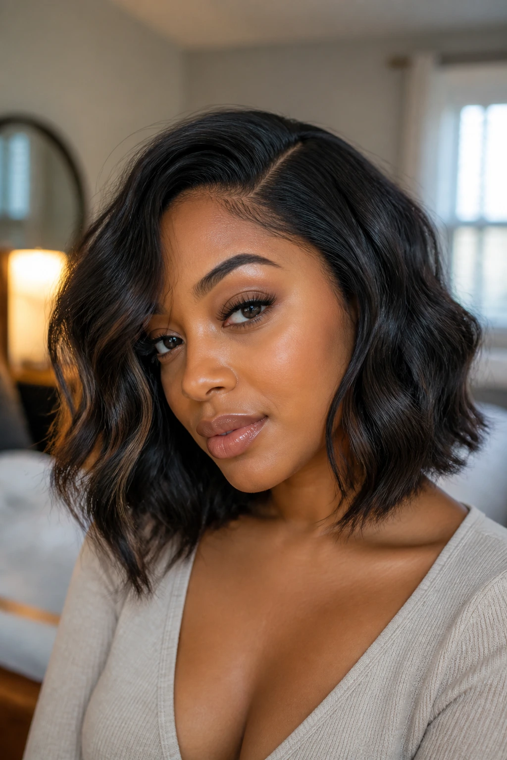Close-up portrait of a woman with deep side part and glossy beachy waves.