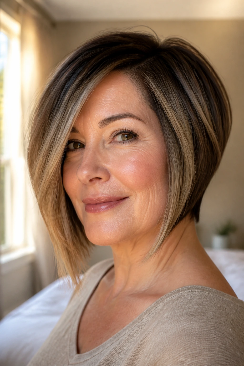 Close-up of a real woman with round-face and forward-angled bob hairstyle