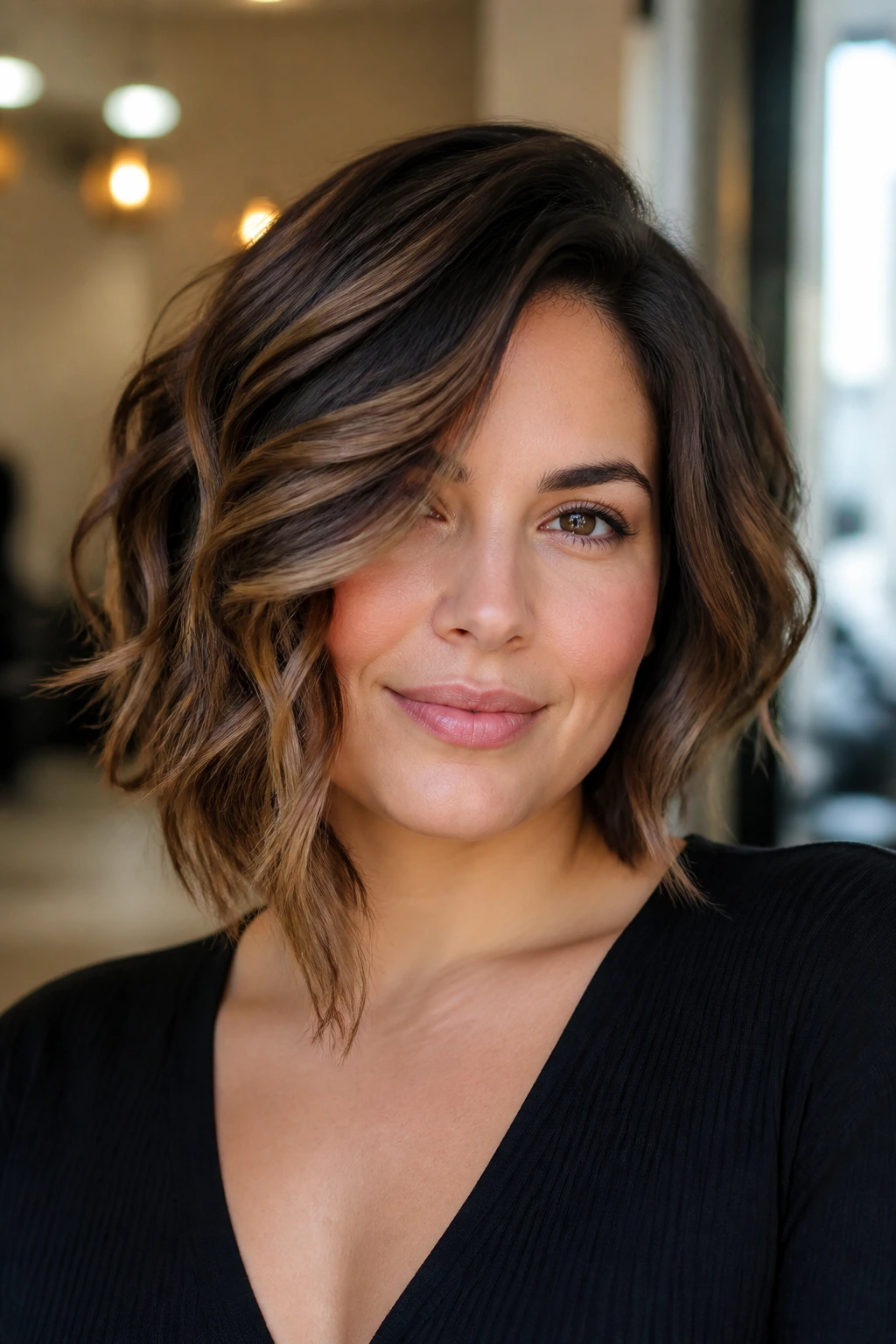 Portrait of a bob with longer front pieces and side part for round faces.