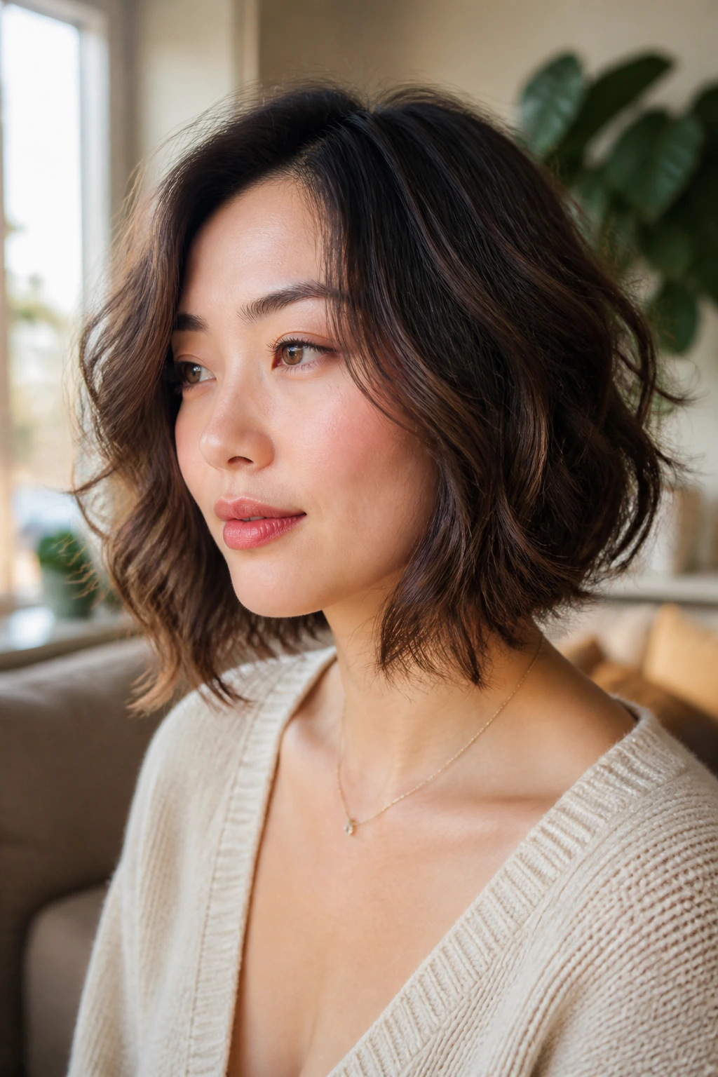 Close-up portrait of a real woman demonstrating bobs flattering round faces with wavy hair