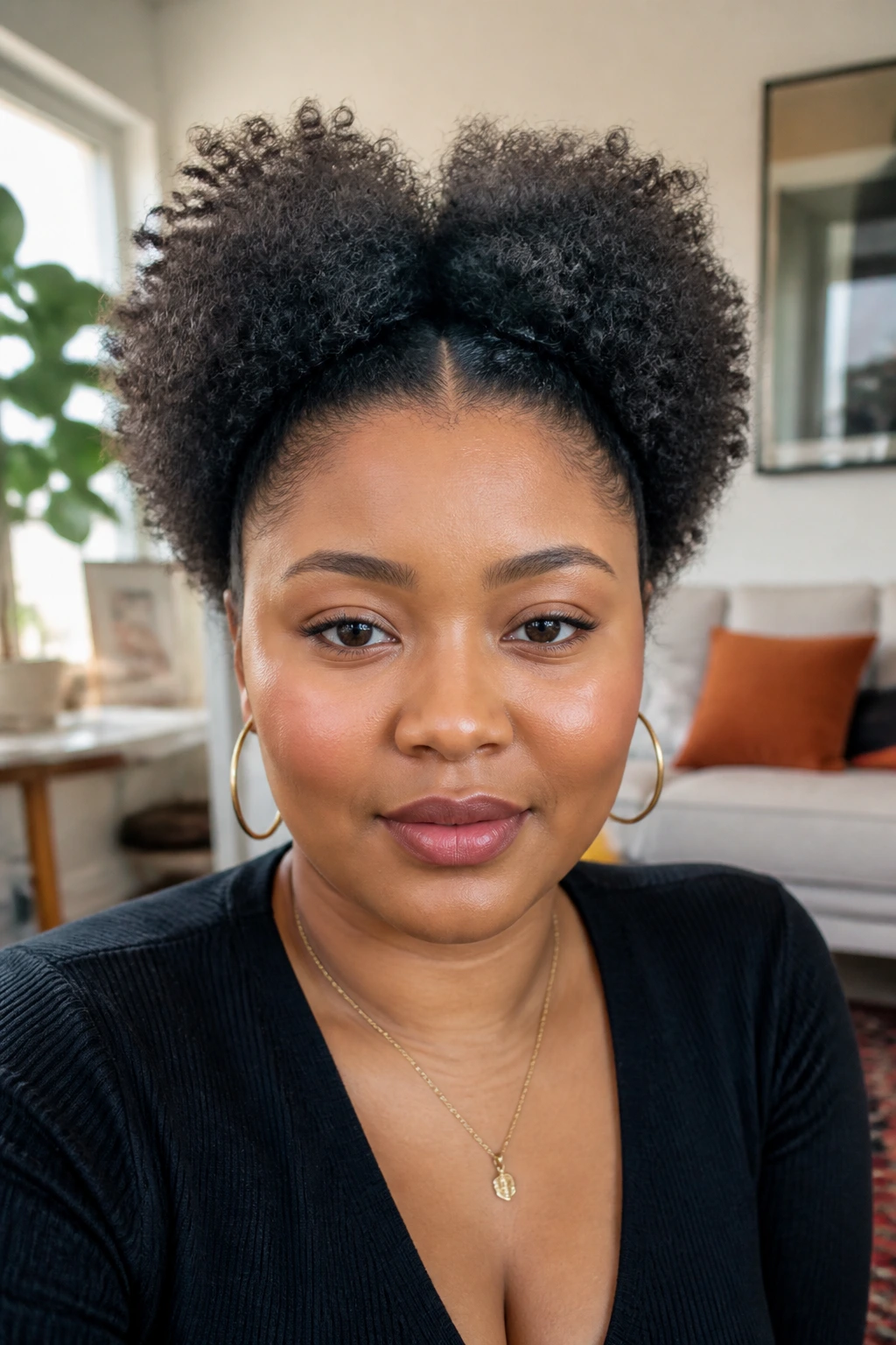 Portrait of round-faced person with center-parted lifted Afro
