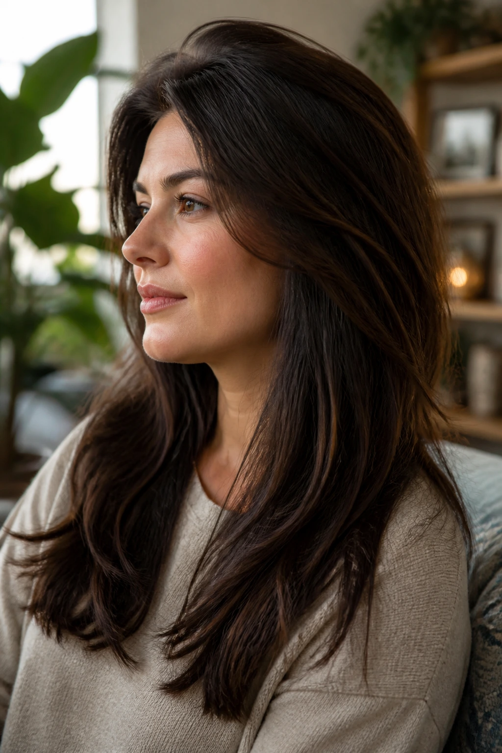 Portrait of a real woman showing a high-volume crown lift hairstyle suitable for round faces with thick hair