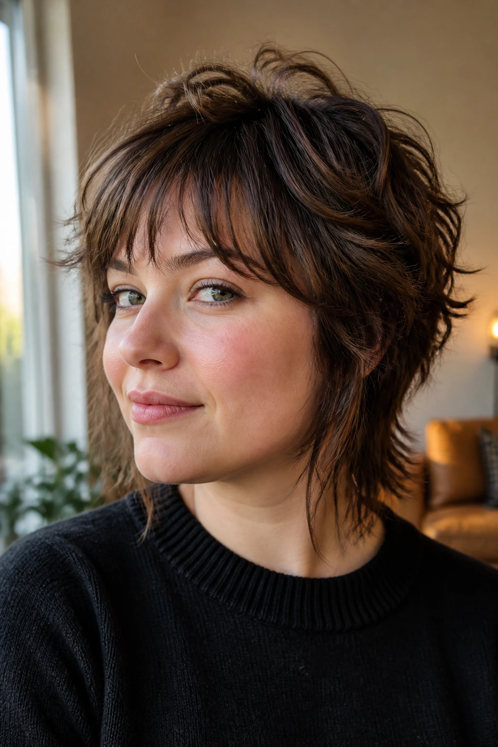 Close-up of a real woman with a round face showing crown lift and textured short shag hair