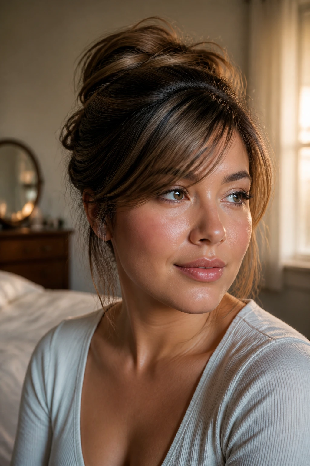 Portrait of woman with crown lift and side-swept fringe flattering a round face