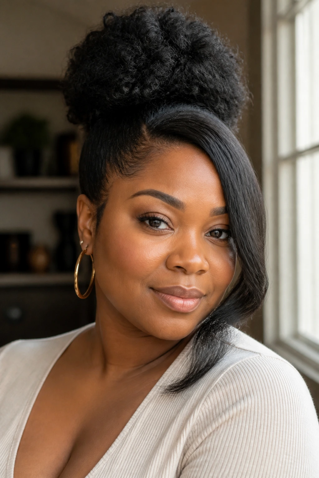 Portrait of a Black woman with crown height lift and side part.