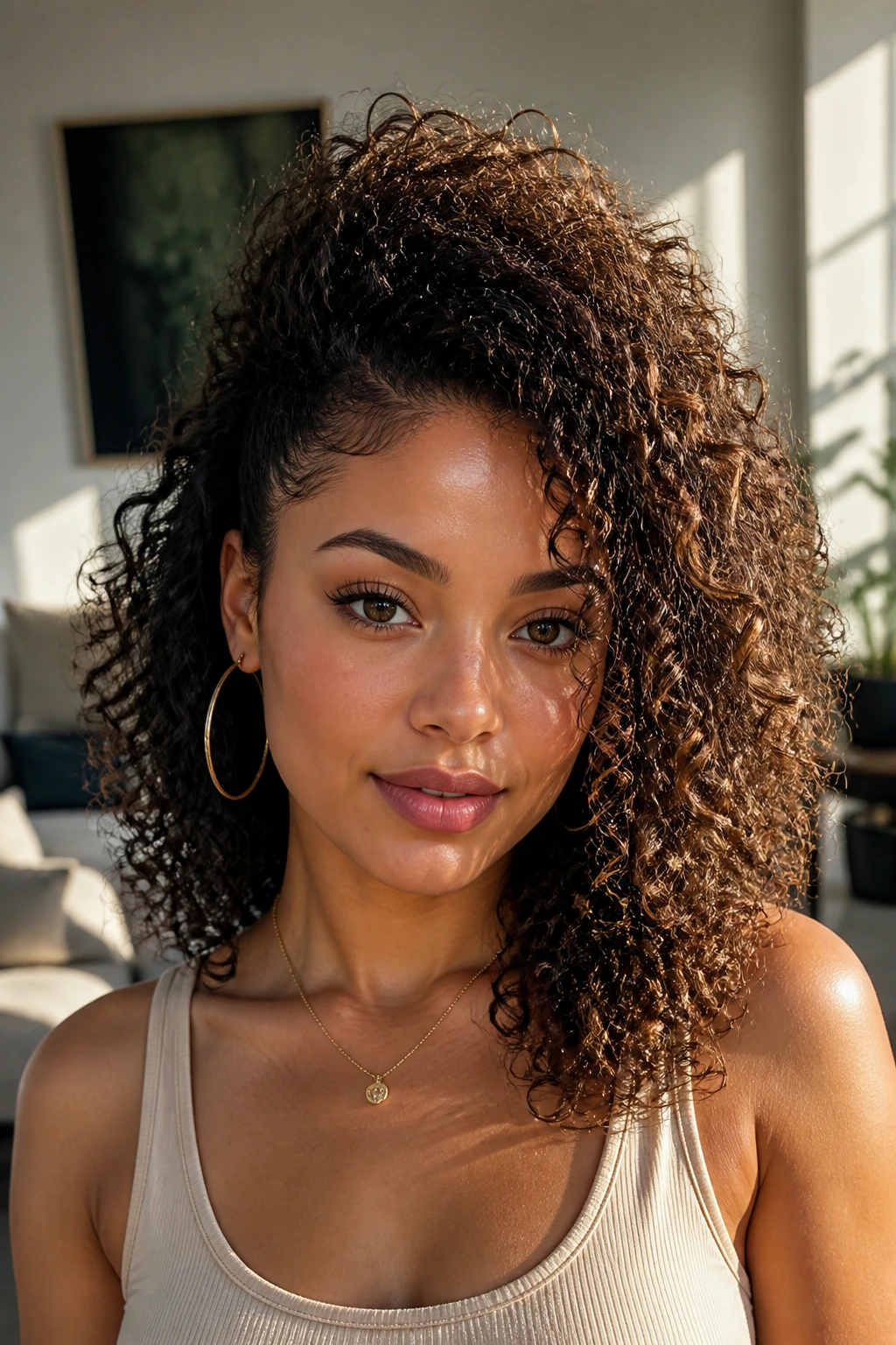 Portrait of biracial woman with curly hair styled for height and diagonal side sweep