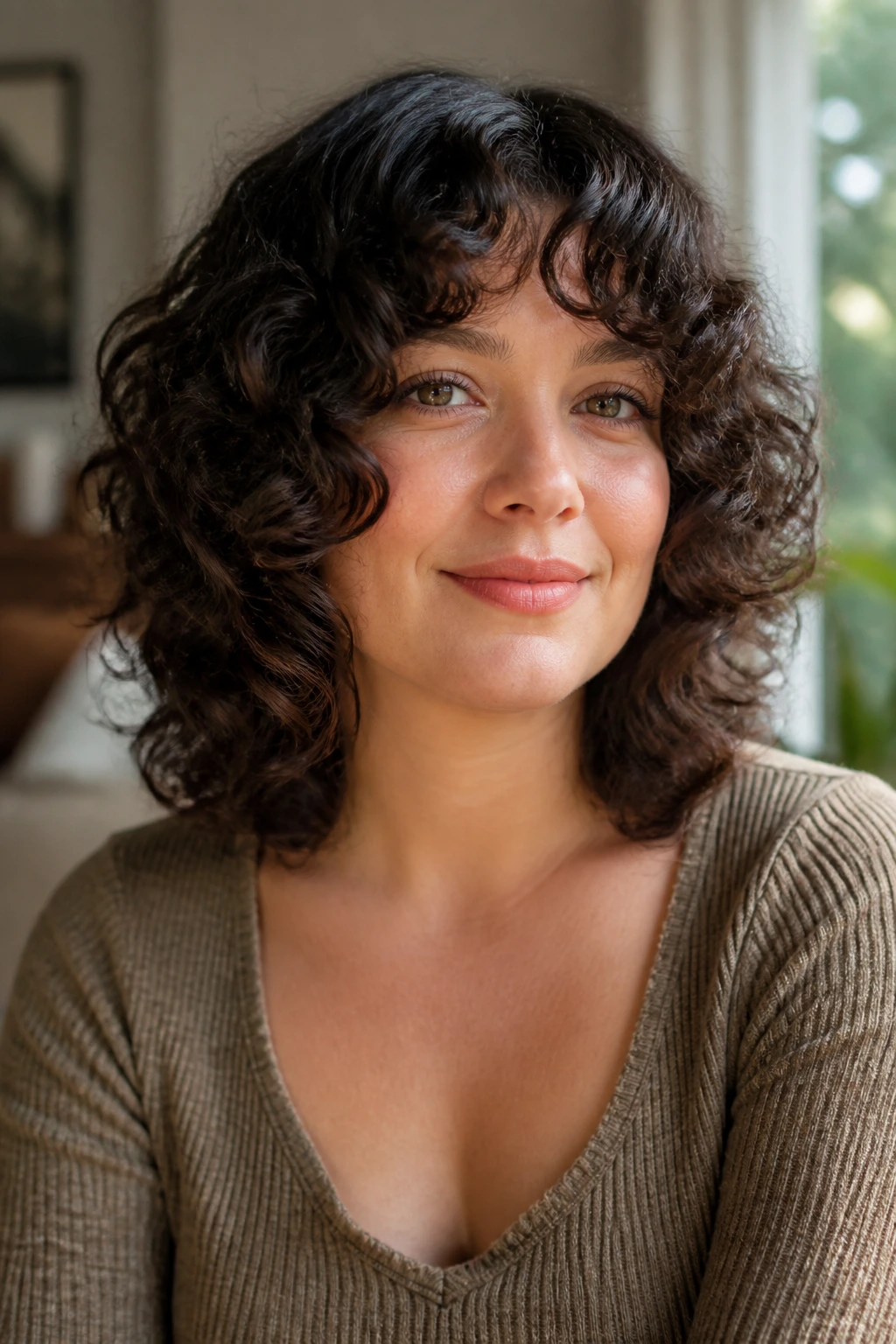 Close-up of a real woman's round face with cheek-framing curly layers.
