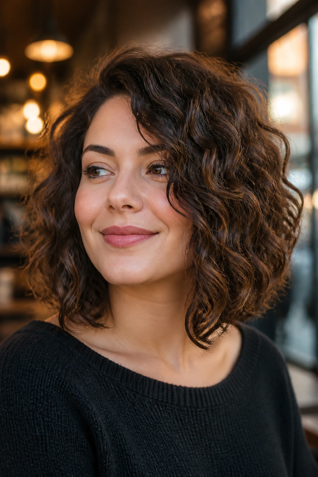 Real woman with curly lob below the chin for round face, side part