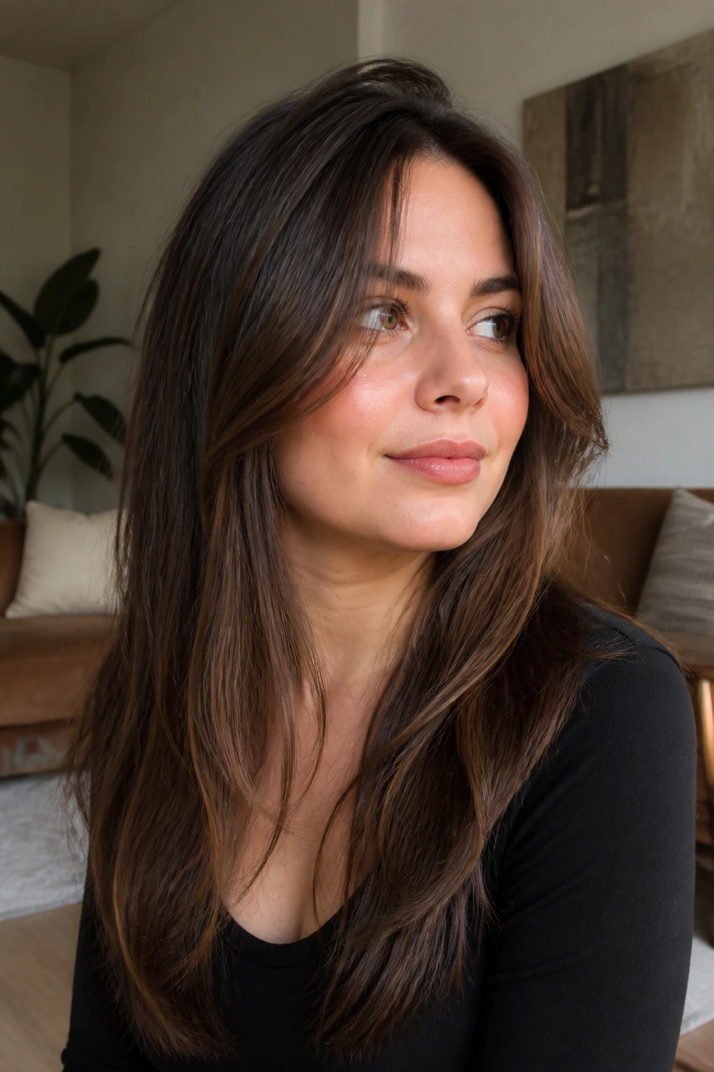 Close-up of a real woman with a round face and longer front curtain pieces framing the cheeks
