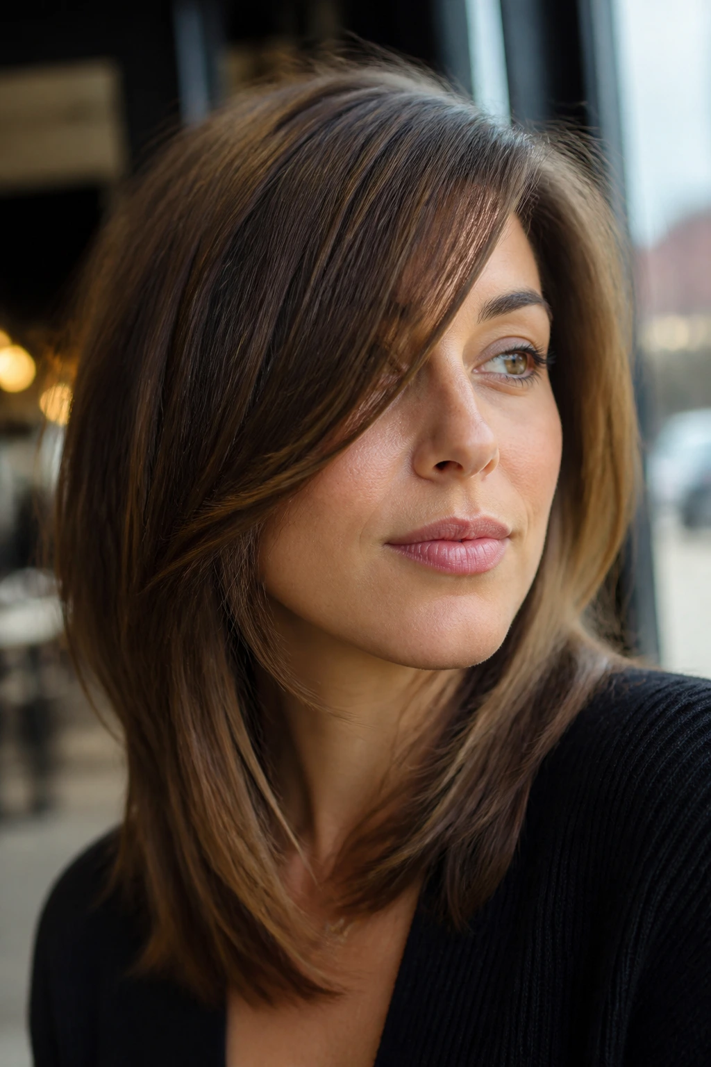 Close-up portrait of a round-faced person with diagonal, jaw-length sweep fringe