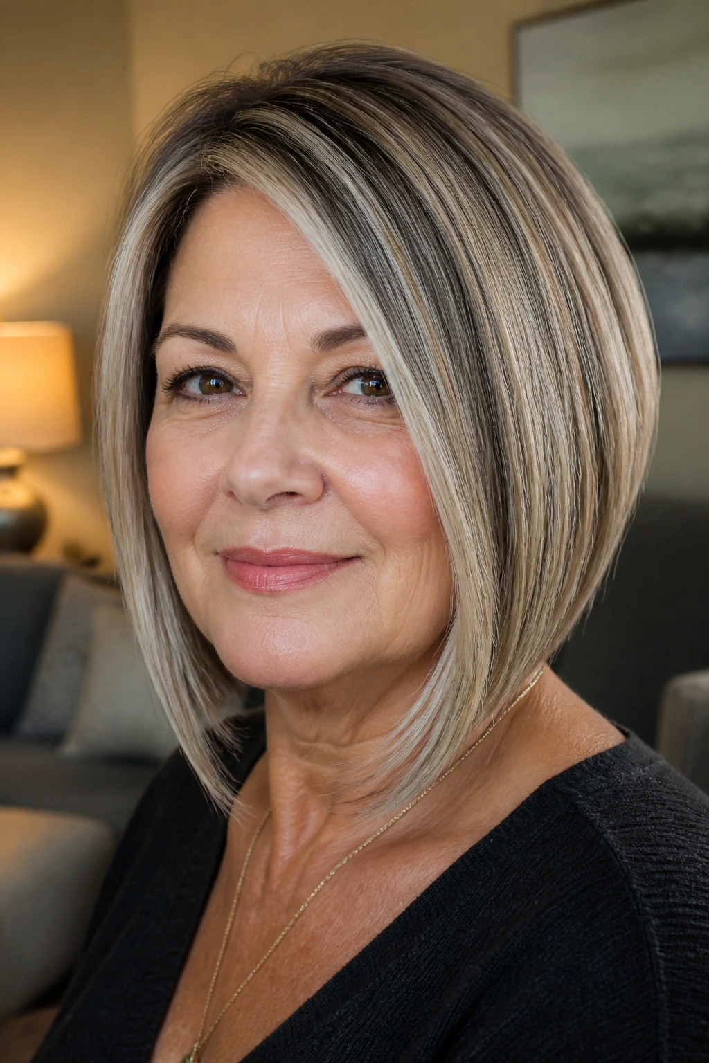 Close-up portrait of a real woman with round-face elongating angled bob and side part