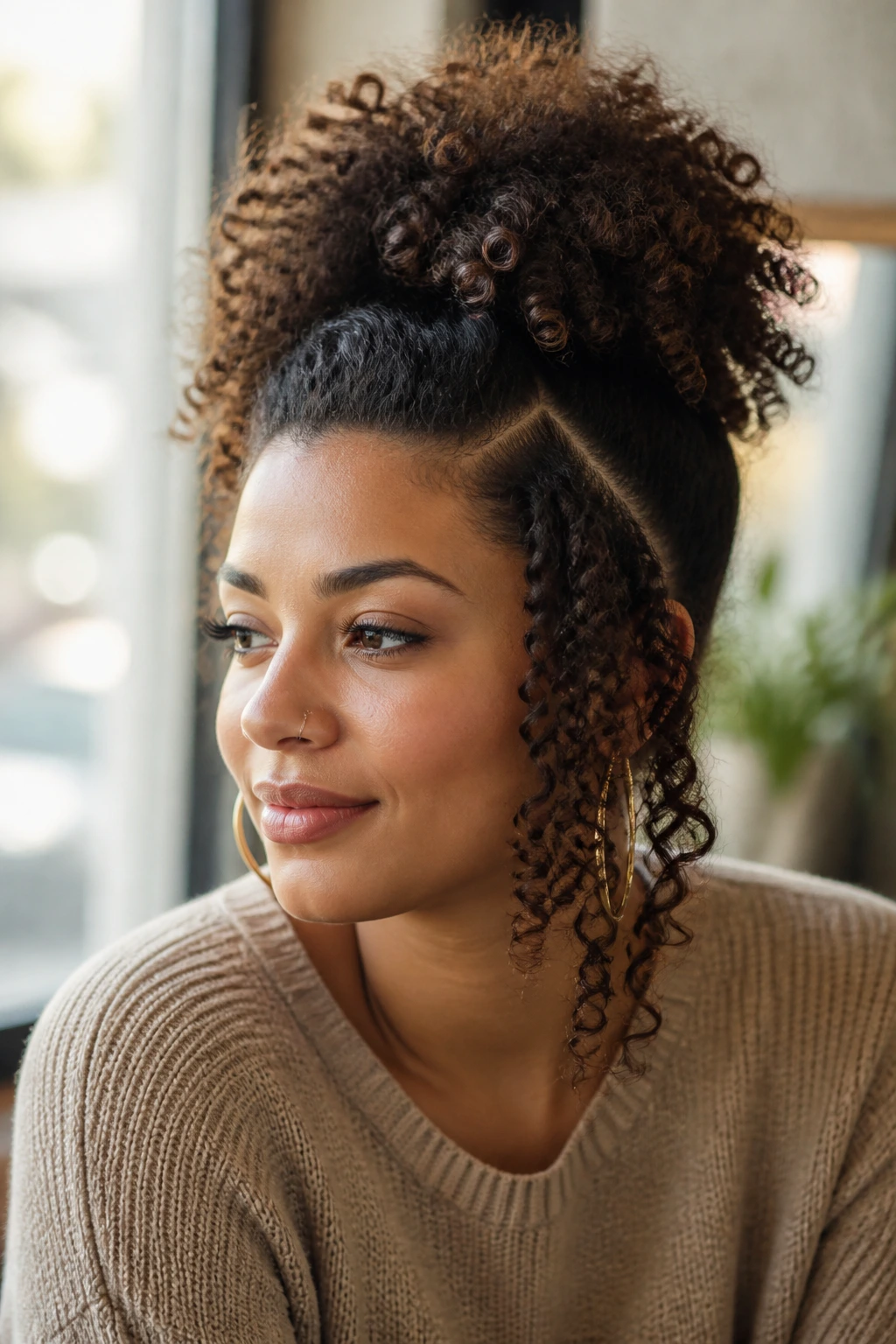 Biracial woman with high crown puff and deep side part highlighting shape rules