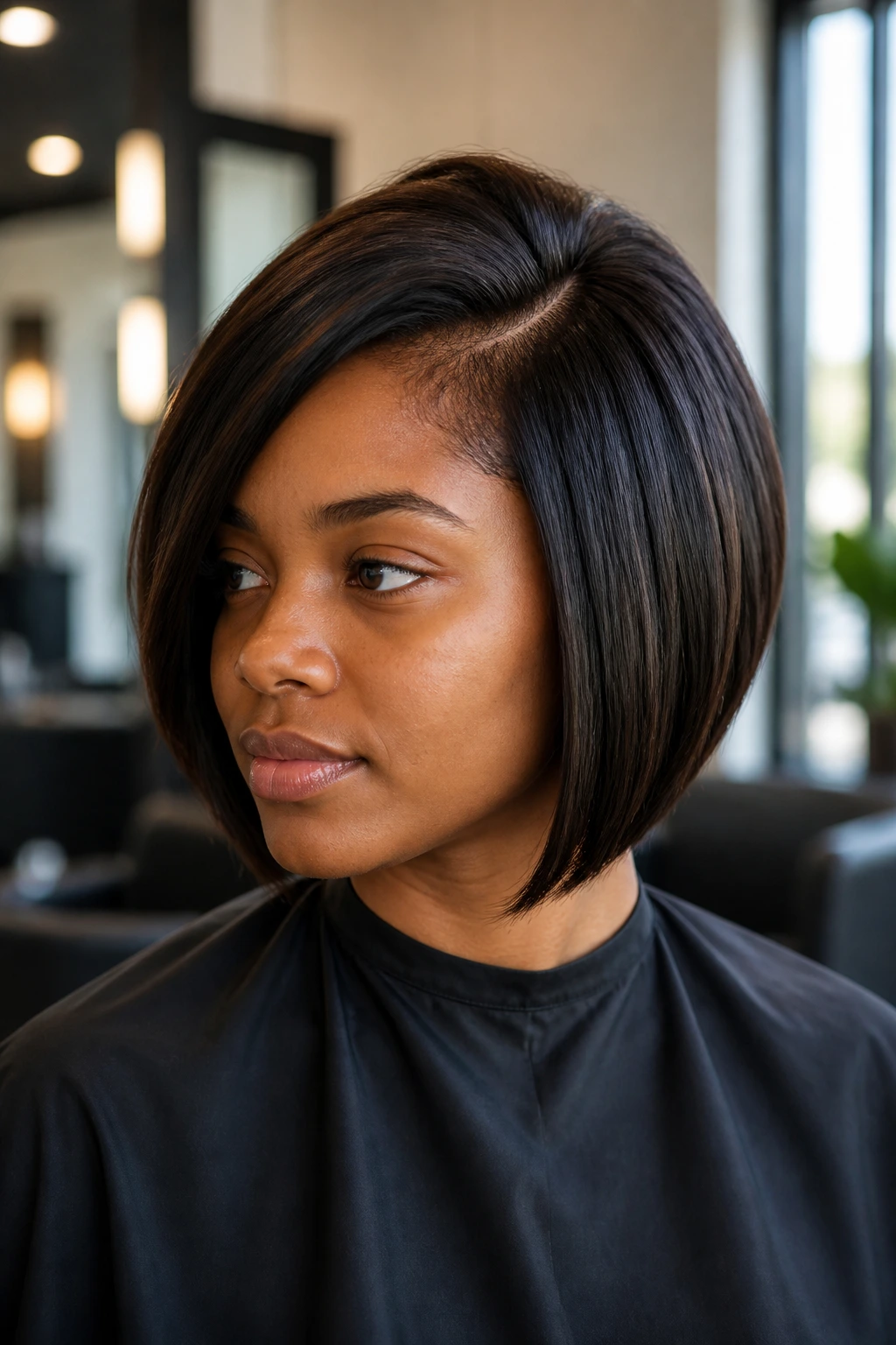 Medium close-up of a real Black woman with a diagonal-part bob elongating the face