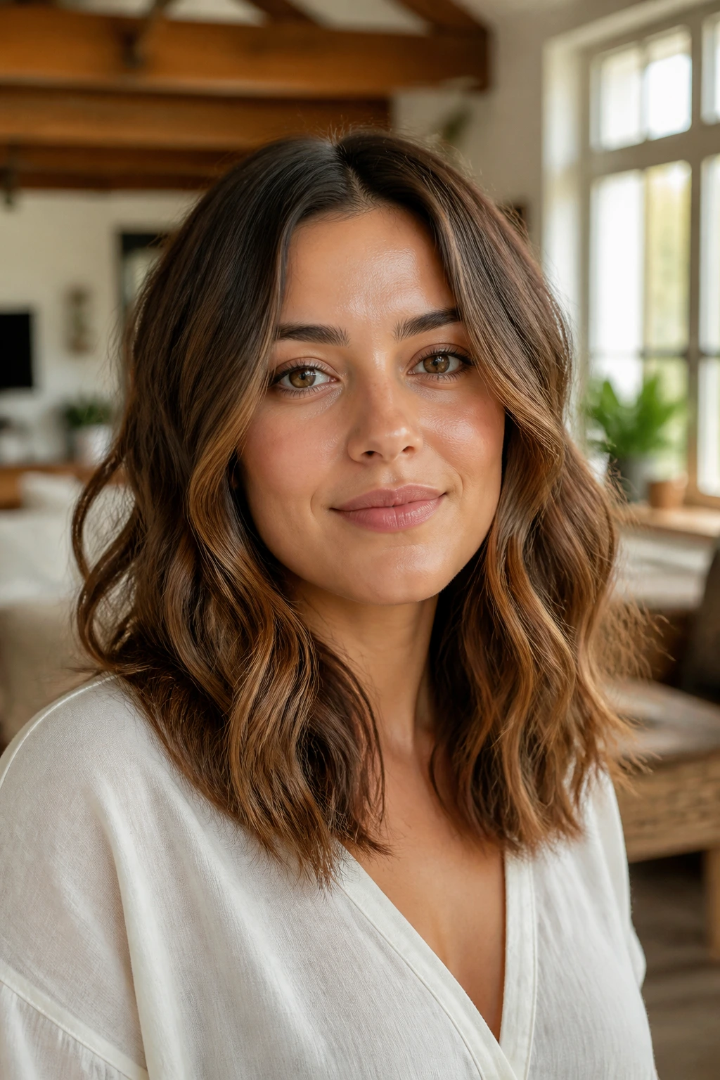 Close-up of a real woman with wavy mid-length hair on a round face showing elongation.