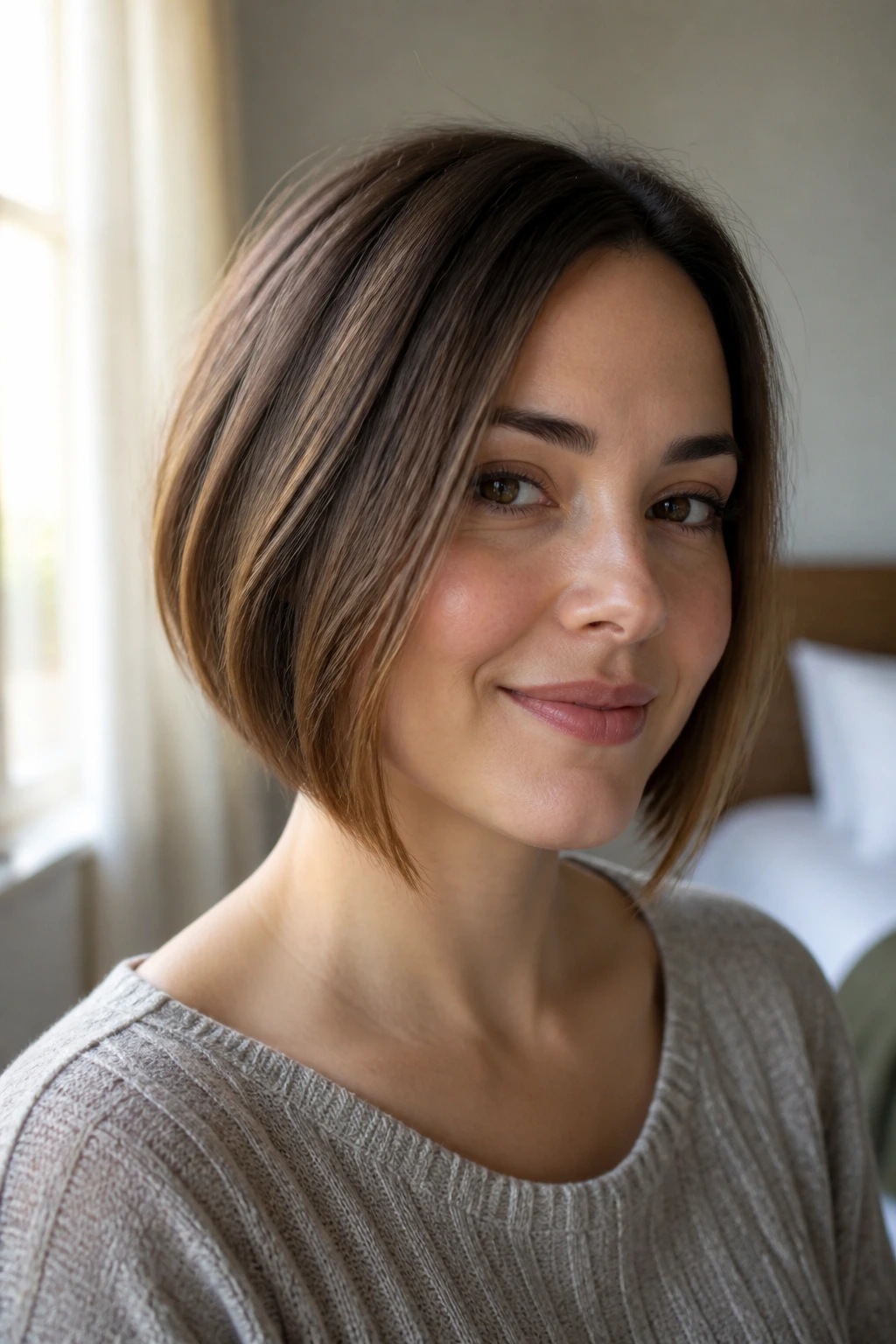 Close-up portrait of a real woman with a round face and fine hair, illustrating elongation and volume in an A-line bob