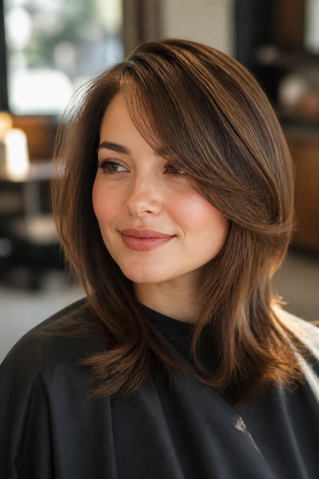 Portrait of a real woman showcasing face-framing layers below the cheekbone with a deep side part