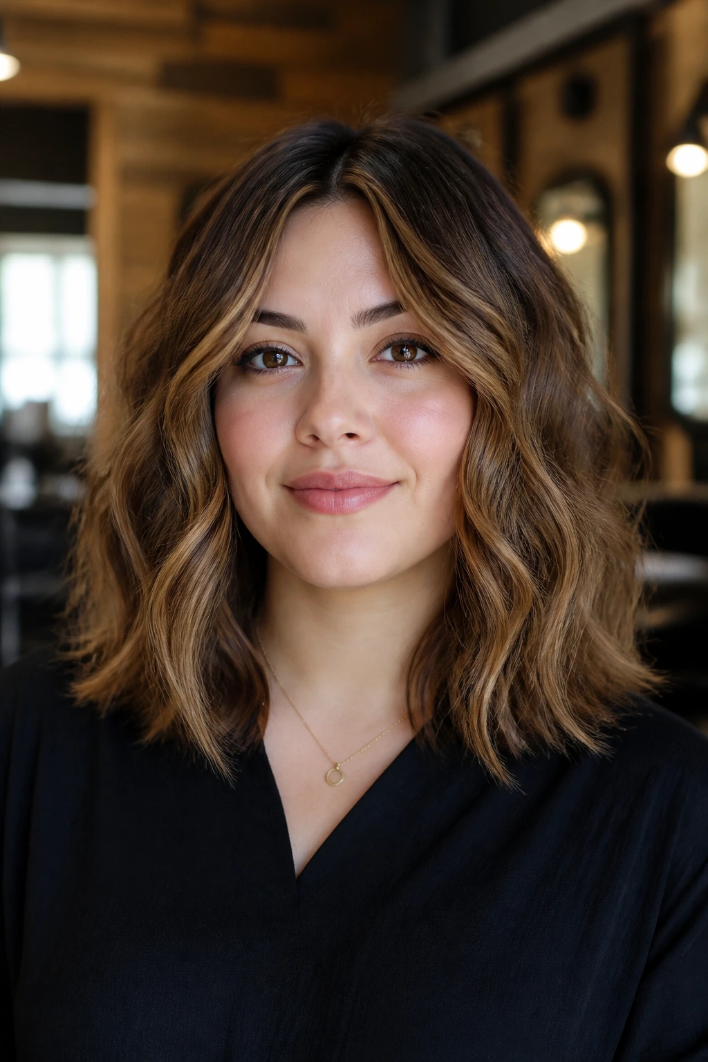 Close-up portrait showing a round-face flattering haircut with medium length waves