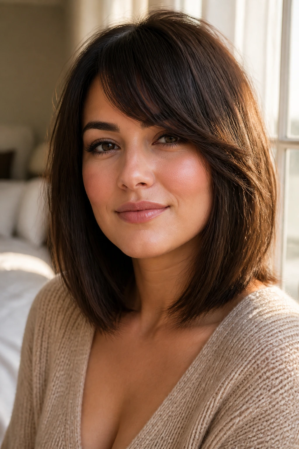 Close-up portrait of a real woman with a side-swept fringe on medium-length hair