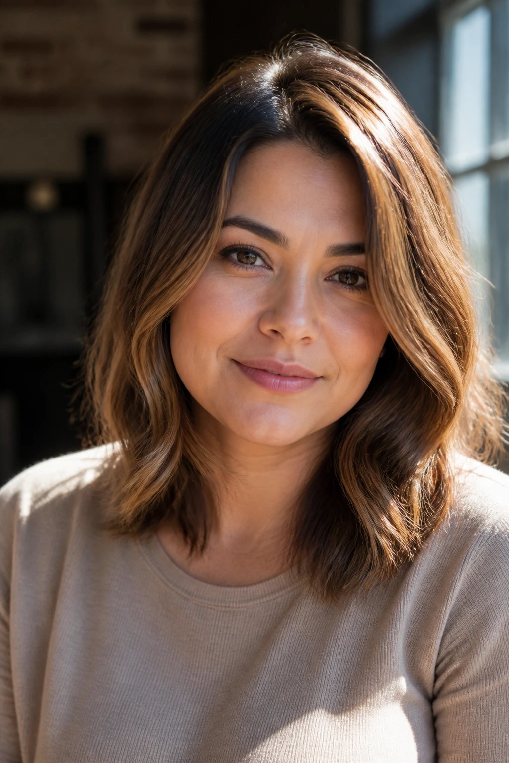 Portrait of a person with a flattering side-parted hairstyle for a round face