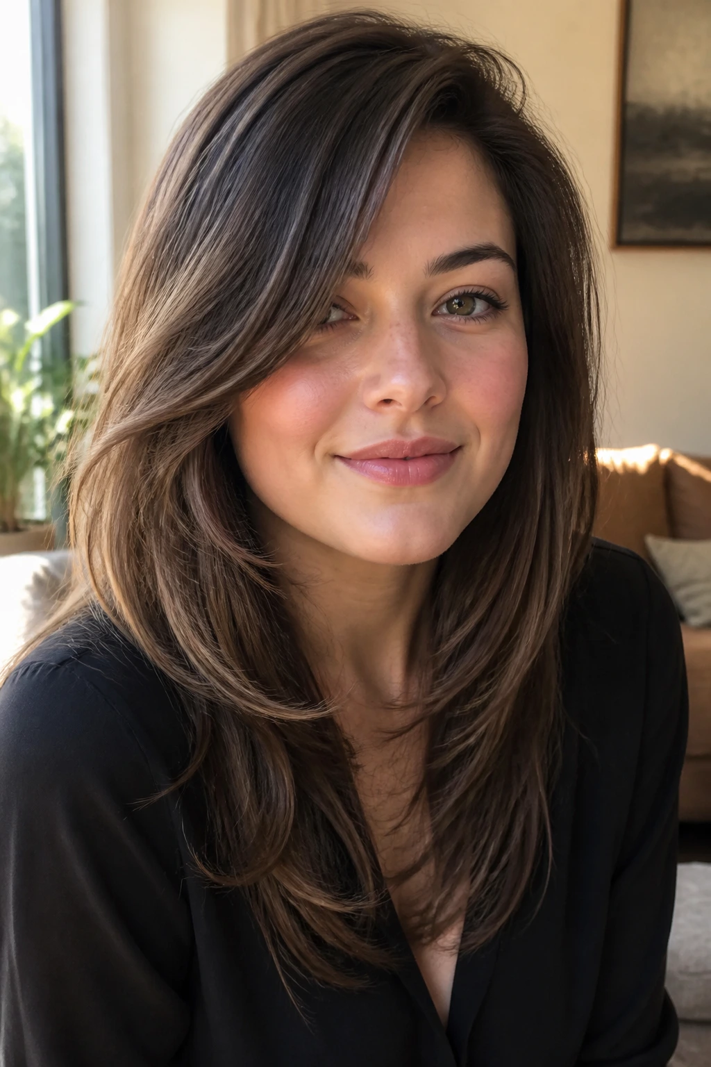 Close-up portrait of a woman with round-face flattering layers.