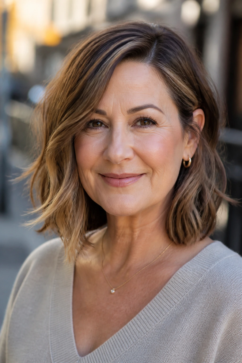Round-face lifting lob on a real woman with side part and downward waves