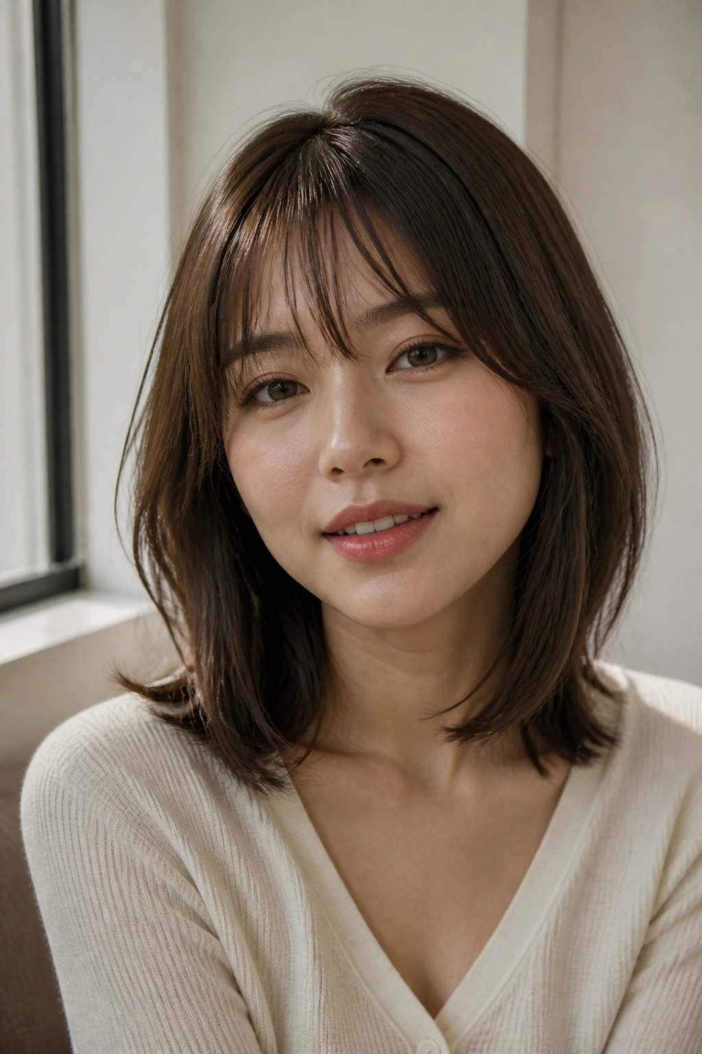 Close-up portrait of a real woman with a Korean long bob flattering a round face