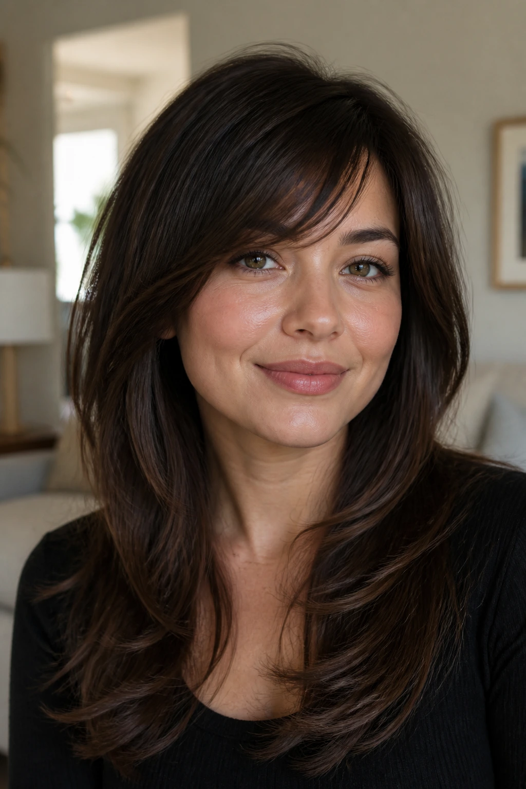 Close-up of a real woman with a round face framed by cheekbone-defining layers and side-swept bangs