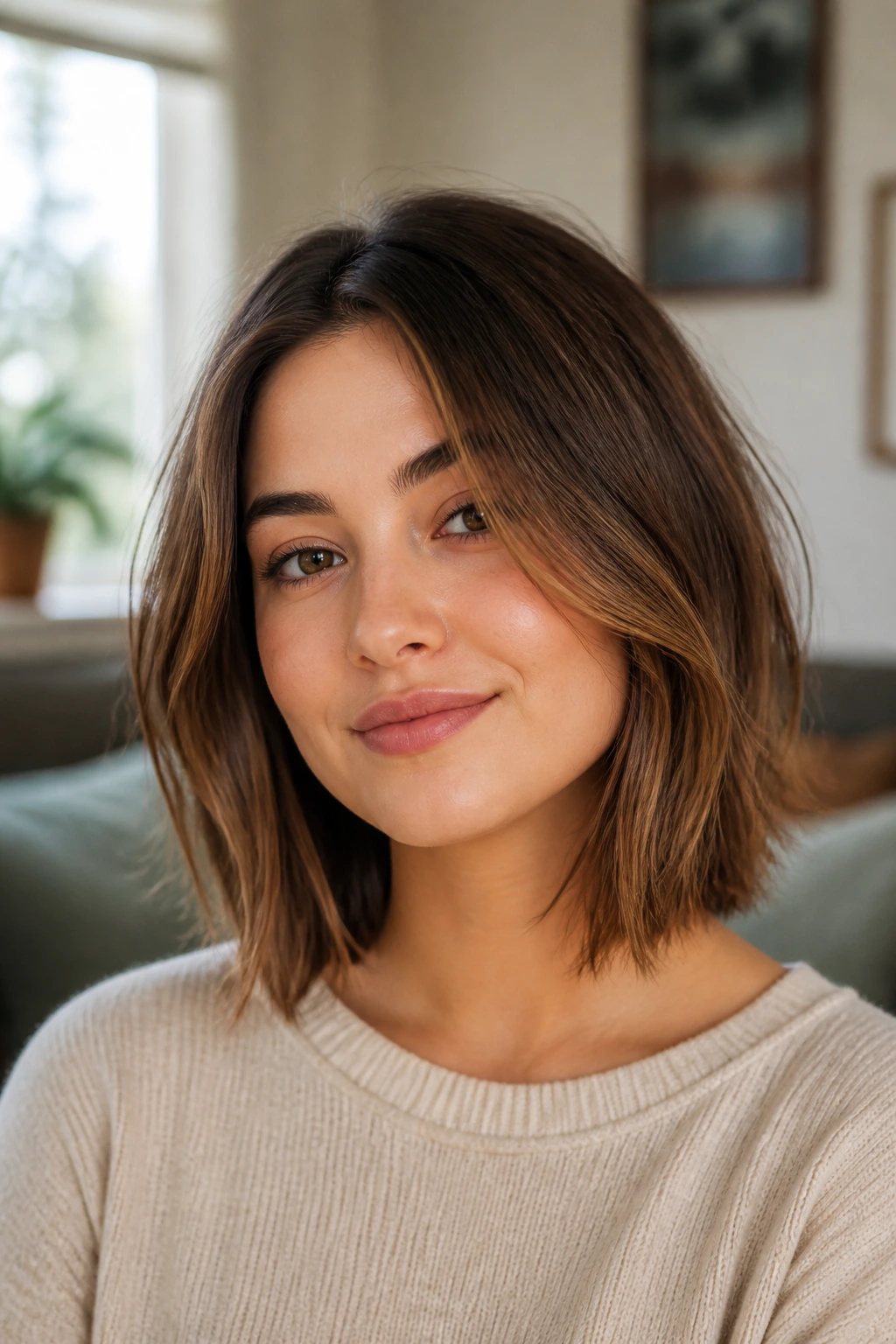 Close-up portrait of a real woman with a round-face flattering mid-length hairstyle